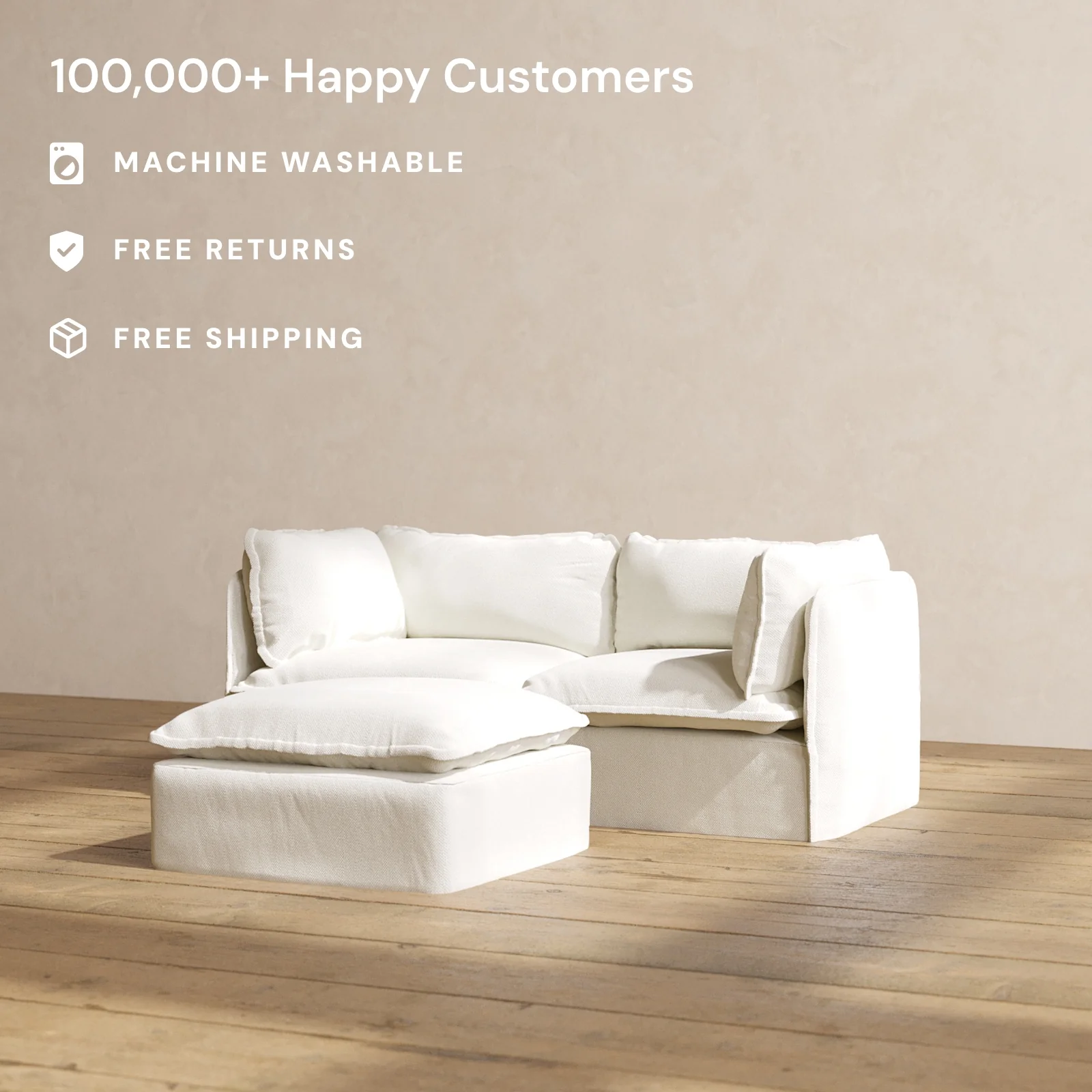 Modular Washable 2-Seater + Ottoman in Eggshell | Deluxe+ Seat | Cloud Pillow - Image 2