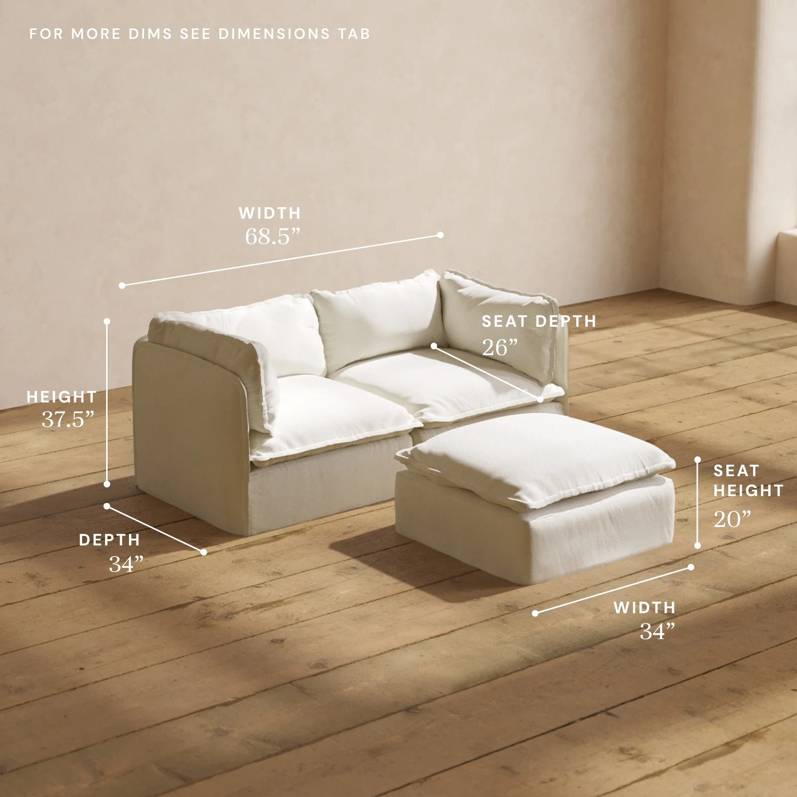 Modular Washable 2-Seater + Ottoman in Eggshell | Deluxe+ Seat | Cloud Pillow - Image 5