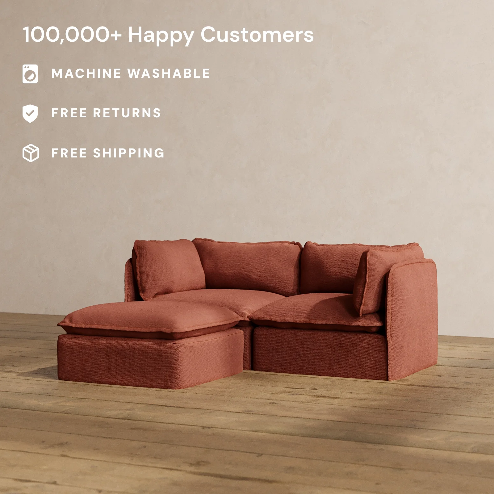 Modular Washable 2-Seater Sectional in Rust | Deluxe+ Seat | Cloud Pillow - Image 2