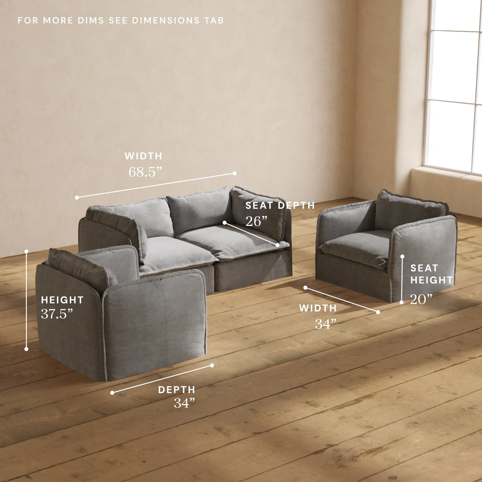 Modular Washable 2-Seater Sofa + Armchair Set in Ash | Deluxe+ Seat | Cloud Pillow - Image 5