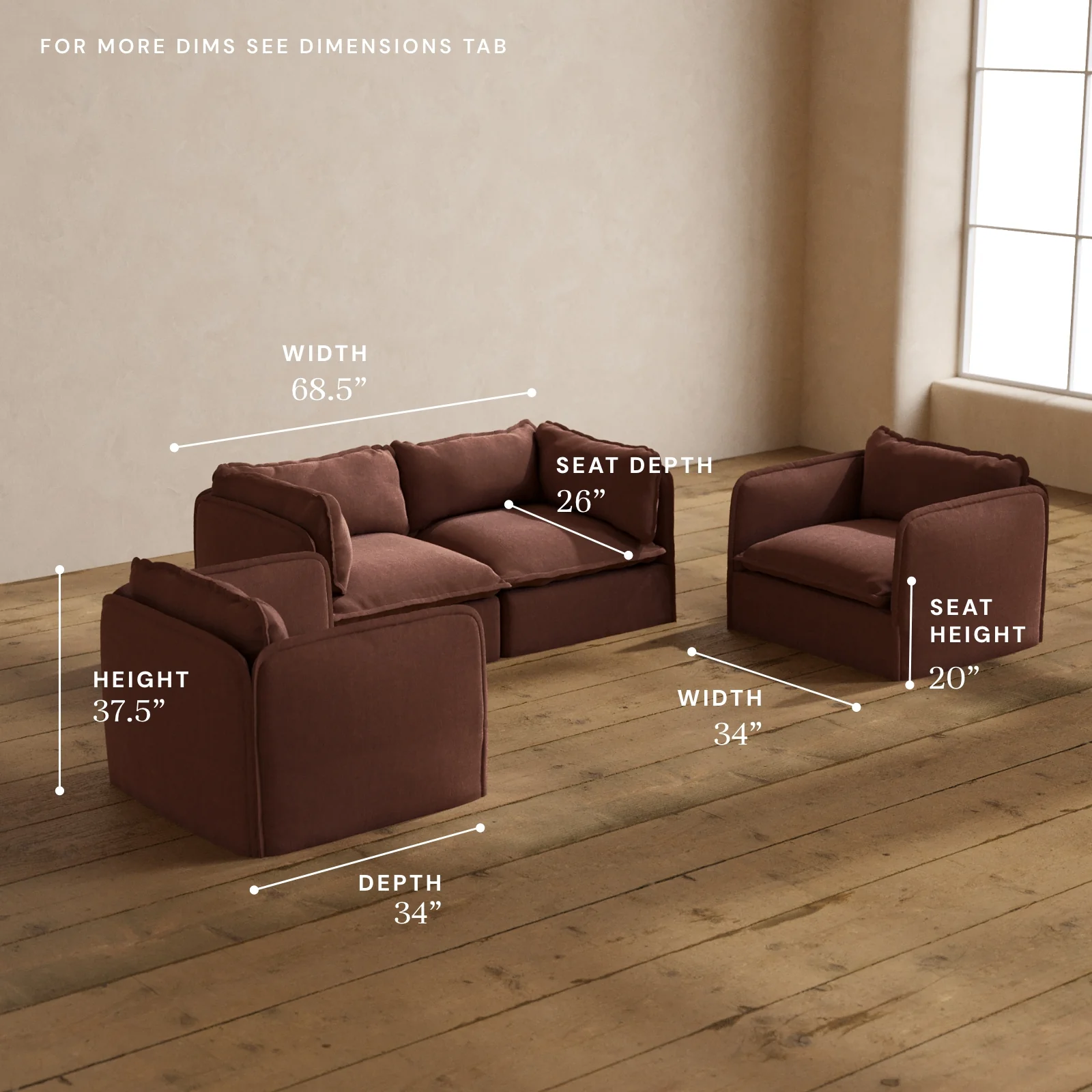 Modular Washable 2-Seater Sofa + Armchair Set in Chestnut | Deluxe+ Seat | Cloud Pillow - Image 5