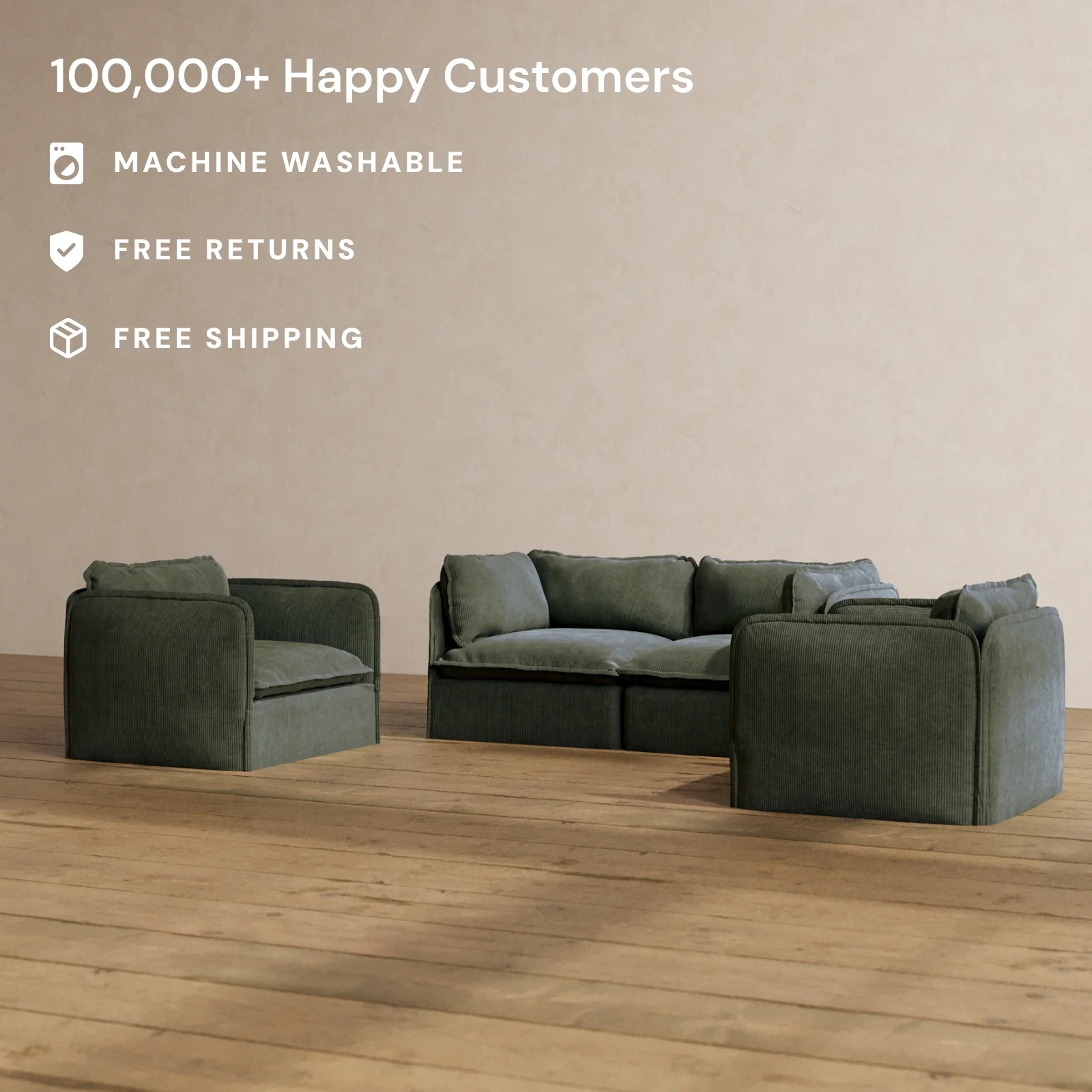 Modular Washable 2-Seater Sofa + Armchair Set in Olivine | Memorix+ Seat | Contour Pillow - Image 2