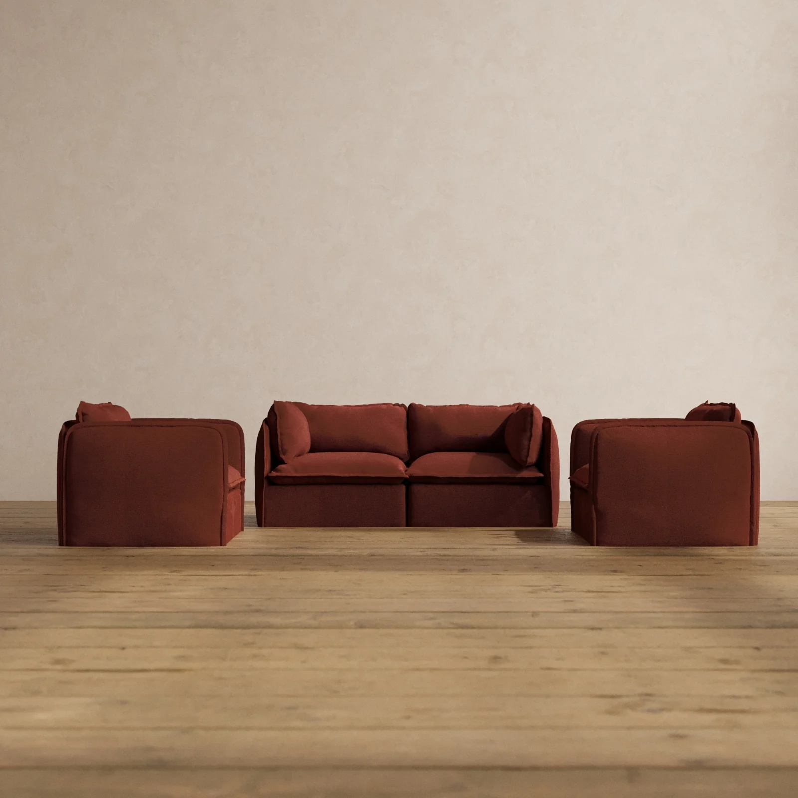 Modular Washable 2-Seater Sofa + Armchair Set in Rust | Deluxe+ Seat | Cloud Pillow