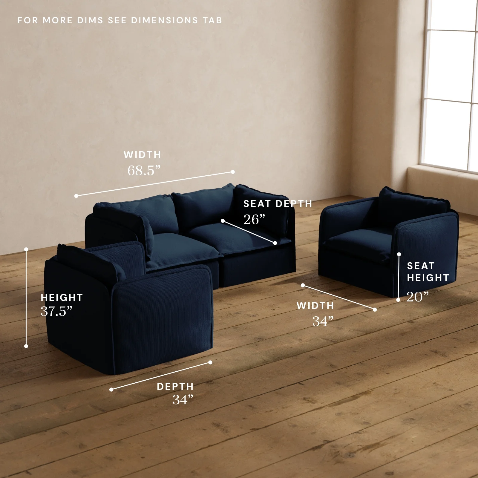 Modular Washable 2-Seater Sofa + Armchair Set in Sumi | Deluxe+ Seat | Cloud Pillow - Image 5