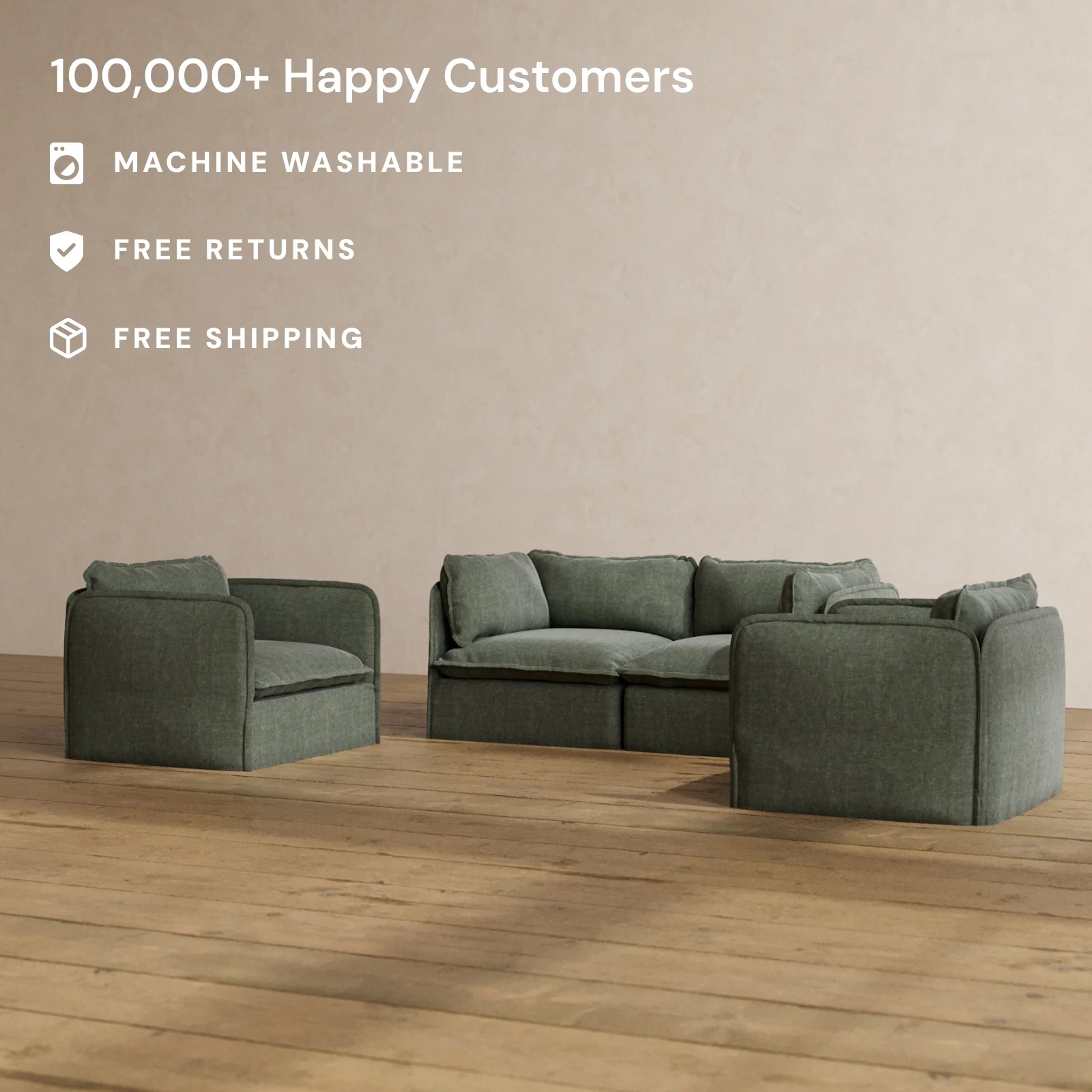 Modular Washable 2-Seater Sofa + Armchair Set in Willow | Memorix+ Seat | Contour Pillow - Image 2