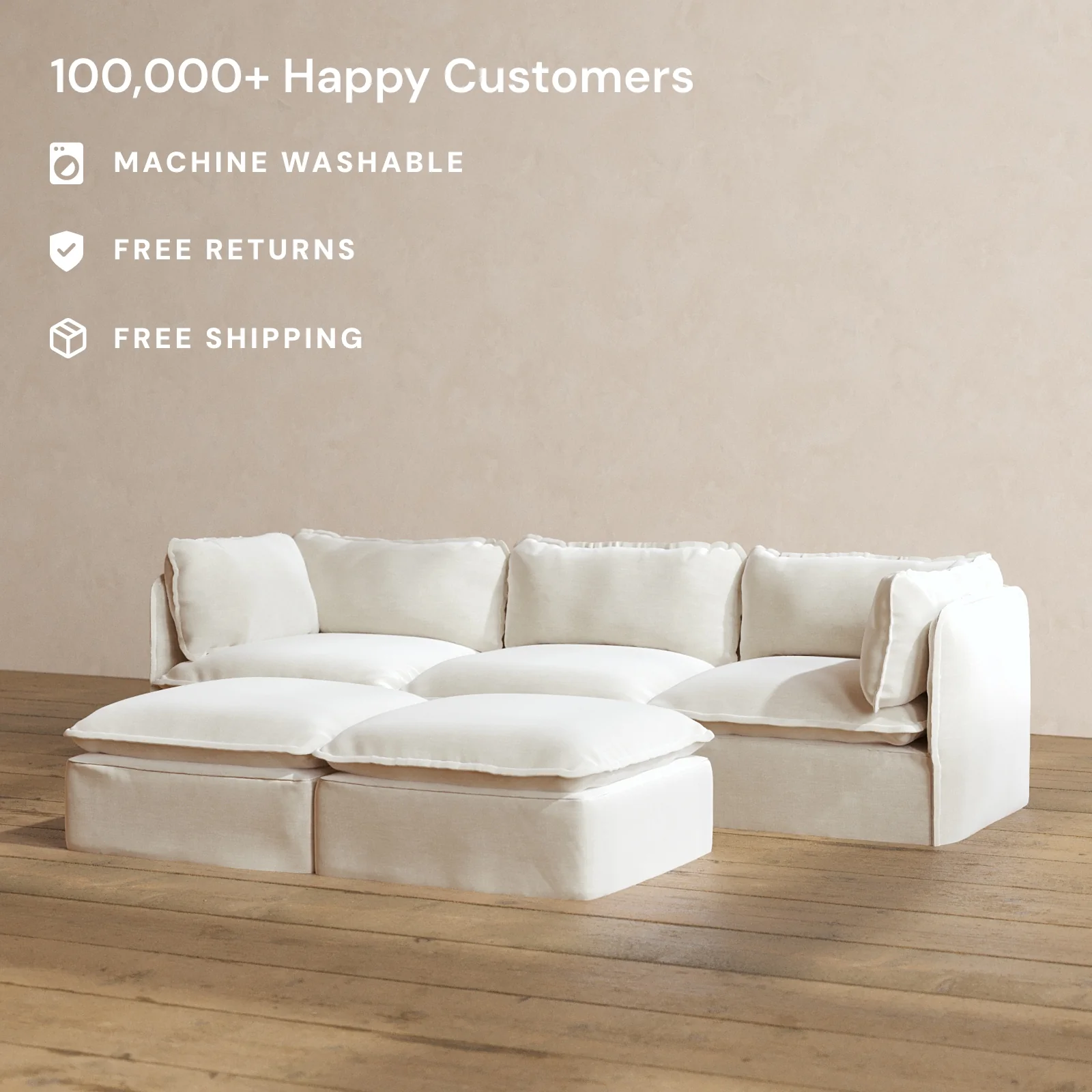 Modular Washable 3-Seater + Bench Ottoman in Coco | Deluxe+ Seat | Cloud Pillow - Image 2