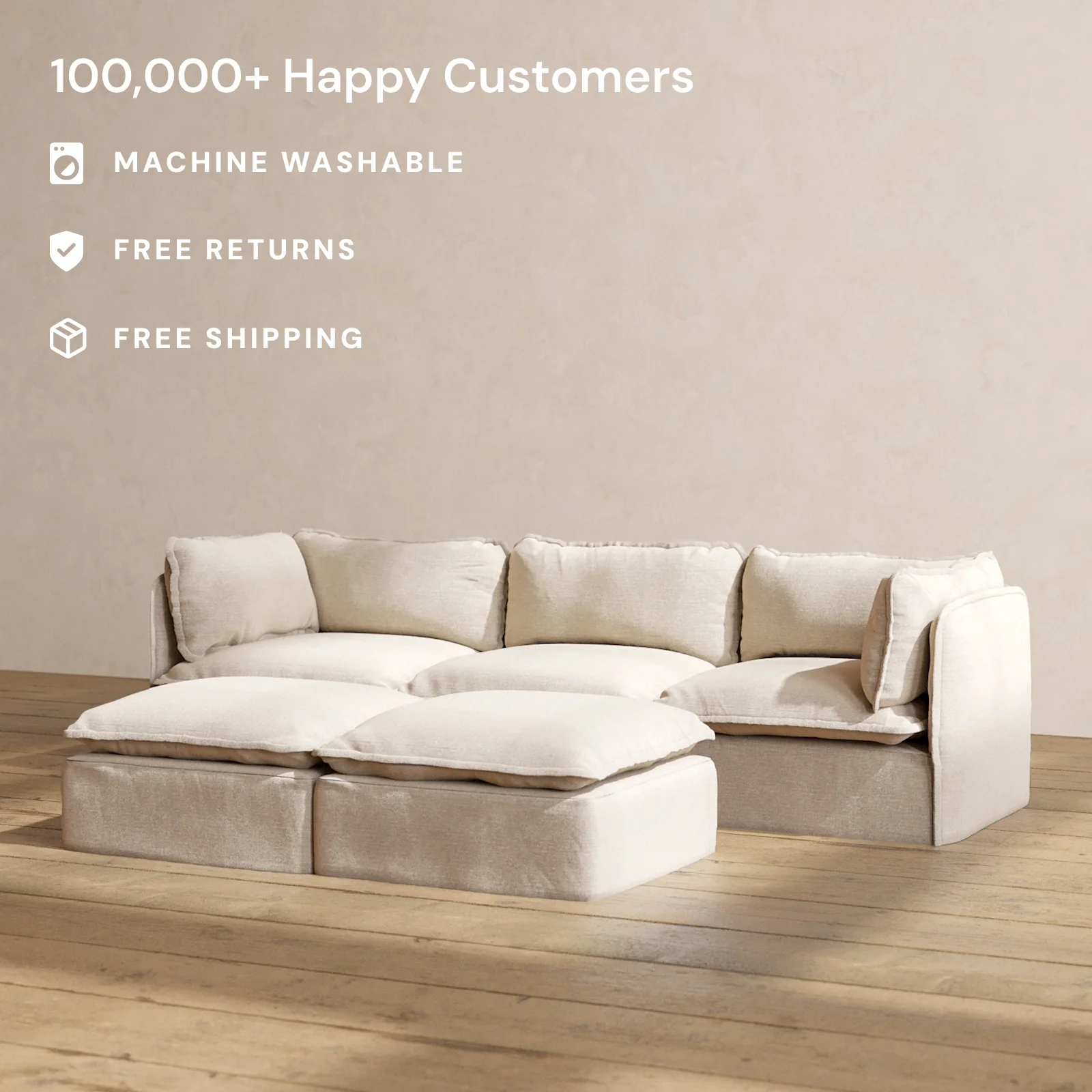 Modular Washable 3-Seater + Bench Ottoman in Oat | Memorix+ Seat | Contour Pillow - Image 2