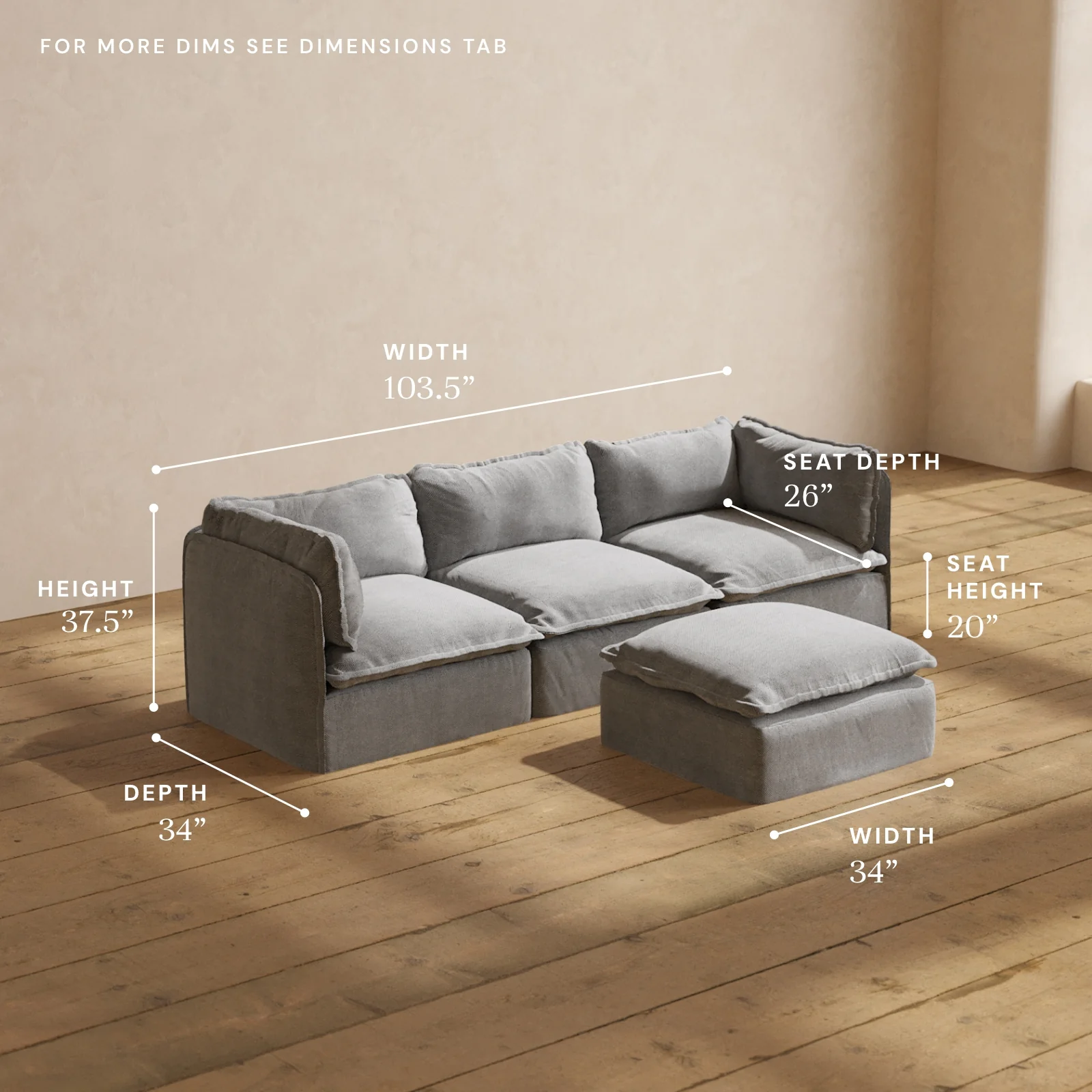 Modular Washable 3-Seater + Ottoman in Ash | Deluxe+ Seat | Cloud Pillow - Image 5
