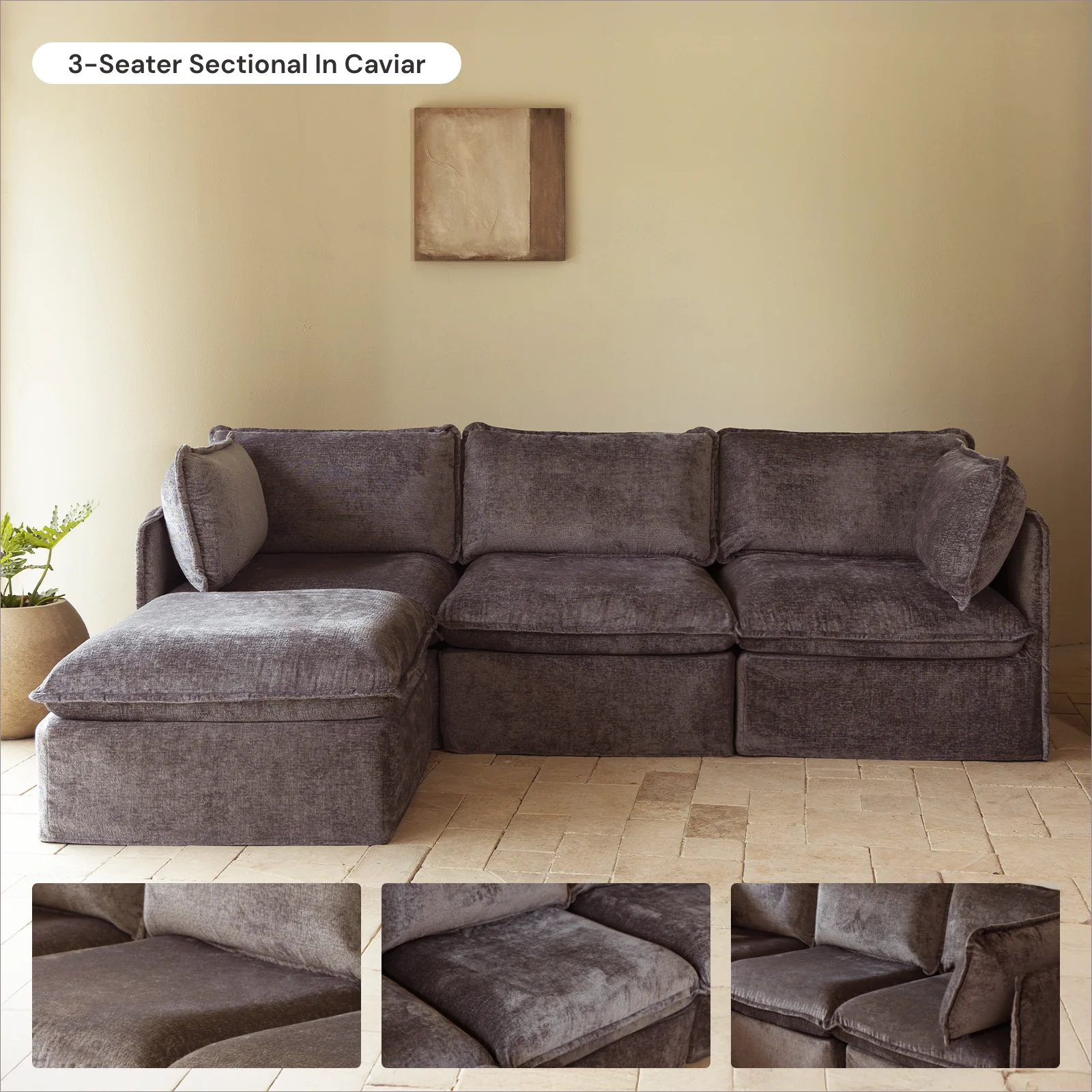 Modular Washable 3-Seater + Ottoman in Caviar | Deluxe+ Seat | Cloud Pillow - Image 7