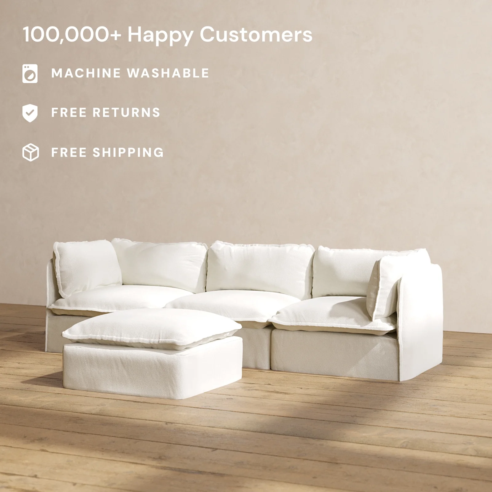 Modular Washable 3-Seater + Ottoman in Eggshell | Deluxe+ Seat | Cloud Pillow - Image 2