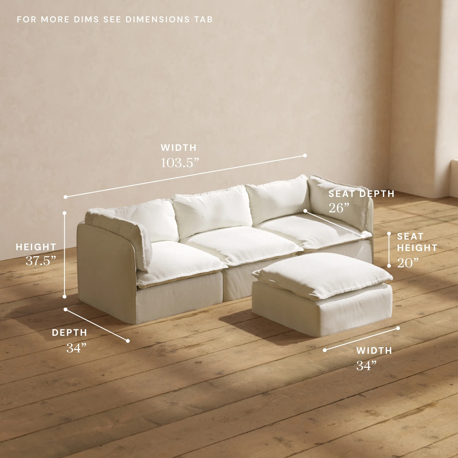 Modular Washable 3-Seater + Ottoman in Eggshell | Deluxe+ Seat | Cloud Pillow - Image 5