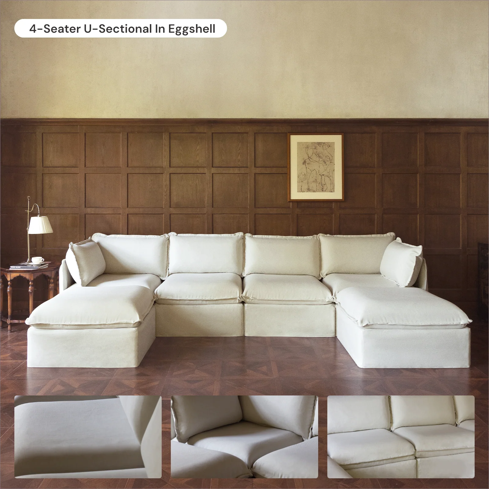 Modular Washable 3-Seater + Ottoman in Eggshell | Deluxe+ Seat | Cloud Pillow - Image 7