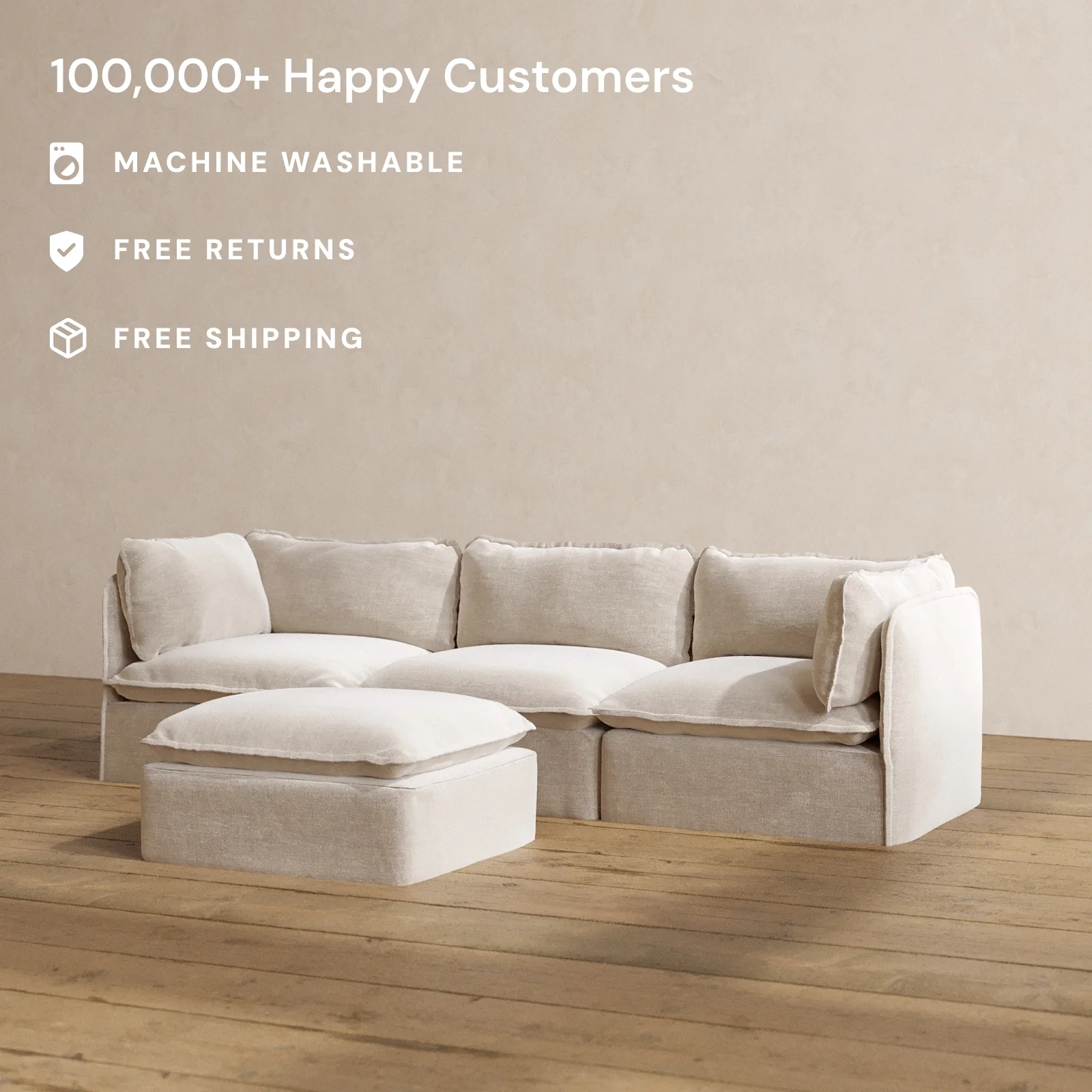 Modular Washable 3-Seater + Ottoman in Mist | Deluxe+ Seat | Cloud Pillow - Image 2