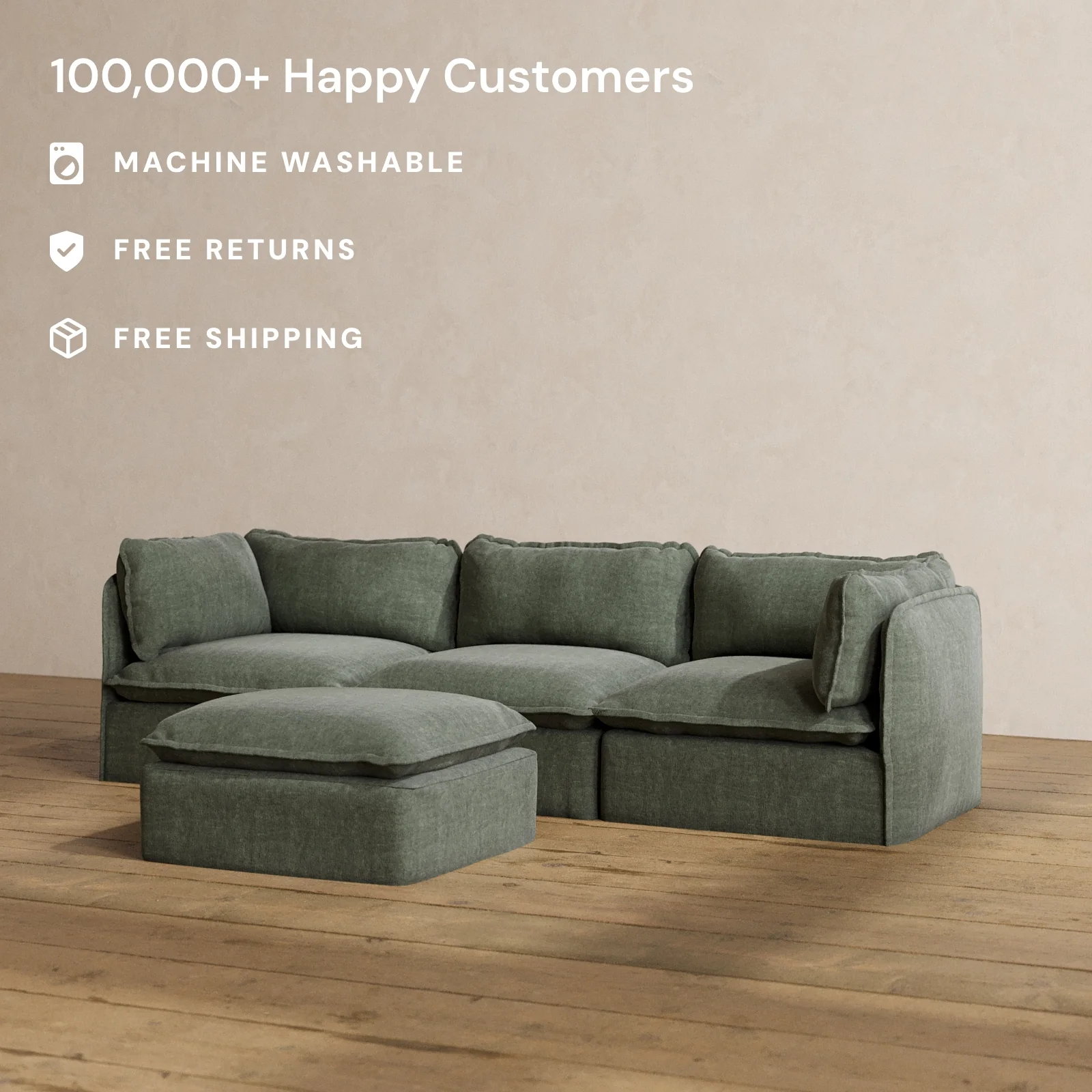 Modular Washable 3-Seater + Ottoman in Willow | Deluxe+ Seat | Cloud Pillow - Image 2