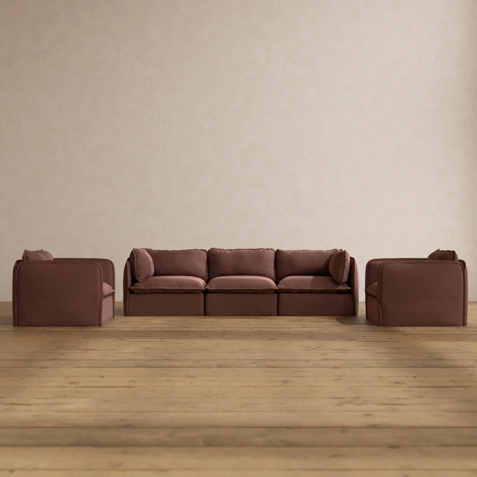 Modular Washable 3-Seater Sofa + Armchair Set in Chestnut | Deluxe+ Seat | Cloud Pillow