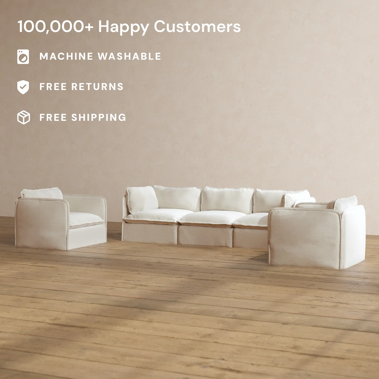 Modular Washable 3-Seater Sofa + Armchair Set in Coco | Memorix+ Seat | Contour Pillow - Image 2