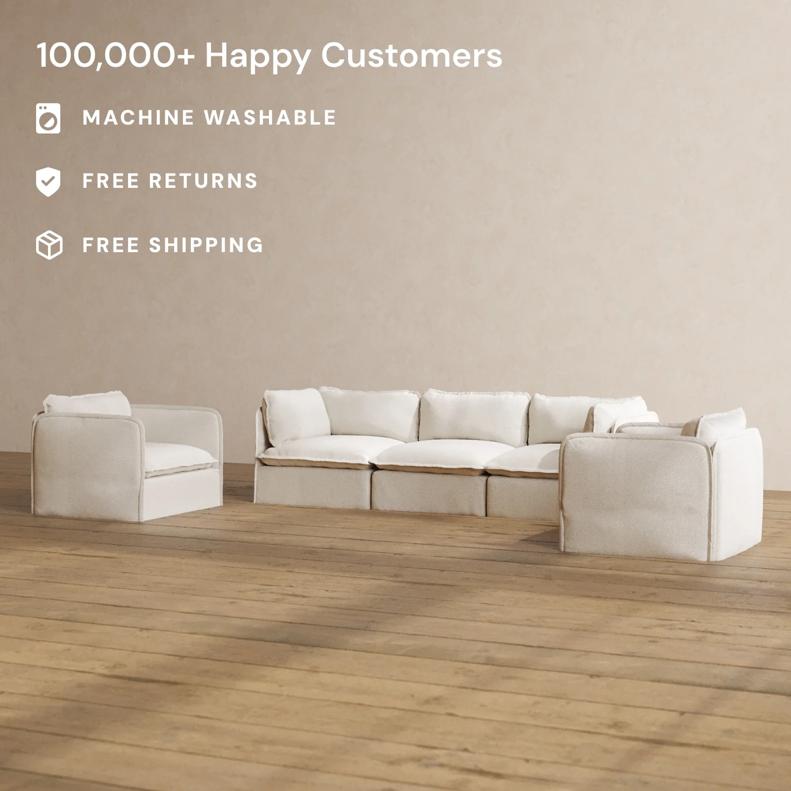 Modular Washable 3-Seater Sofa + Armchair Set in Powder | Deluxe+ Seat | Cloud Pillow - Image 2