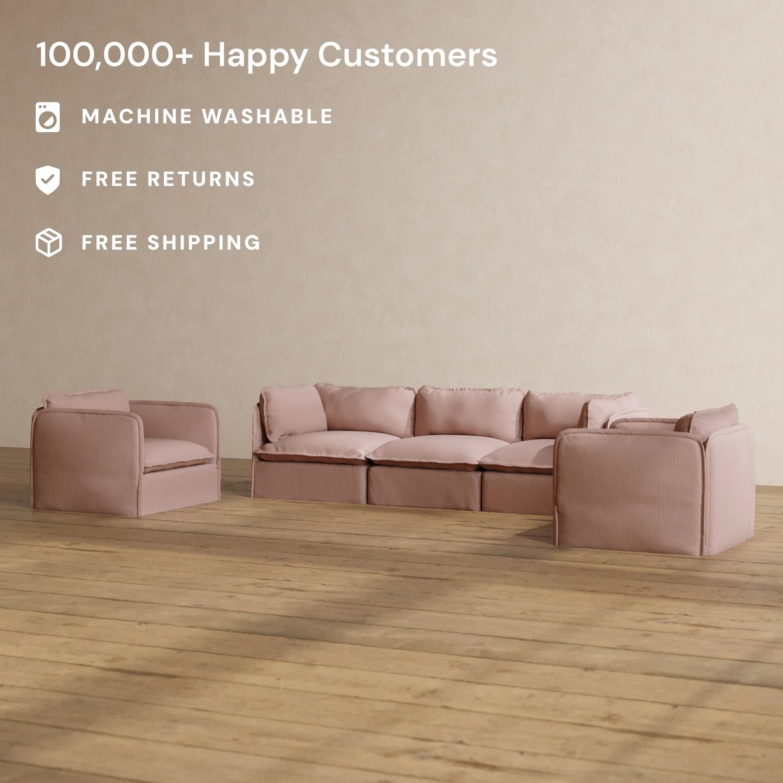 Modular Washable 3-Seater Sofa + Armchair Set in Sakura | Deluxe+ Seat | Cloud Pillow - Image 2