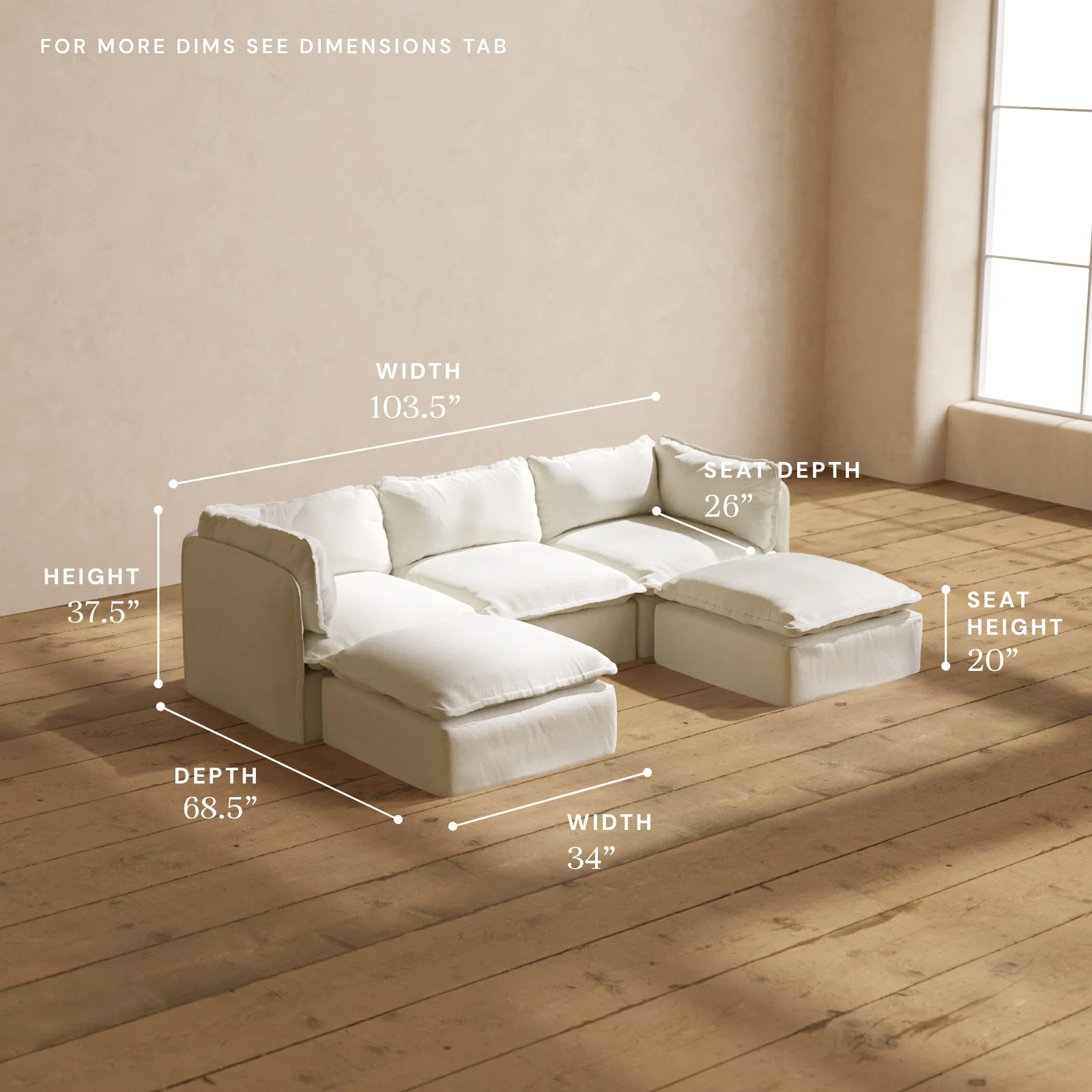 Modular Washable 3-Seater U-Sectional in Eggshell | Deluxe+ Seat | Cloud Pillow - Image 5