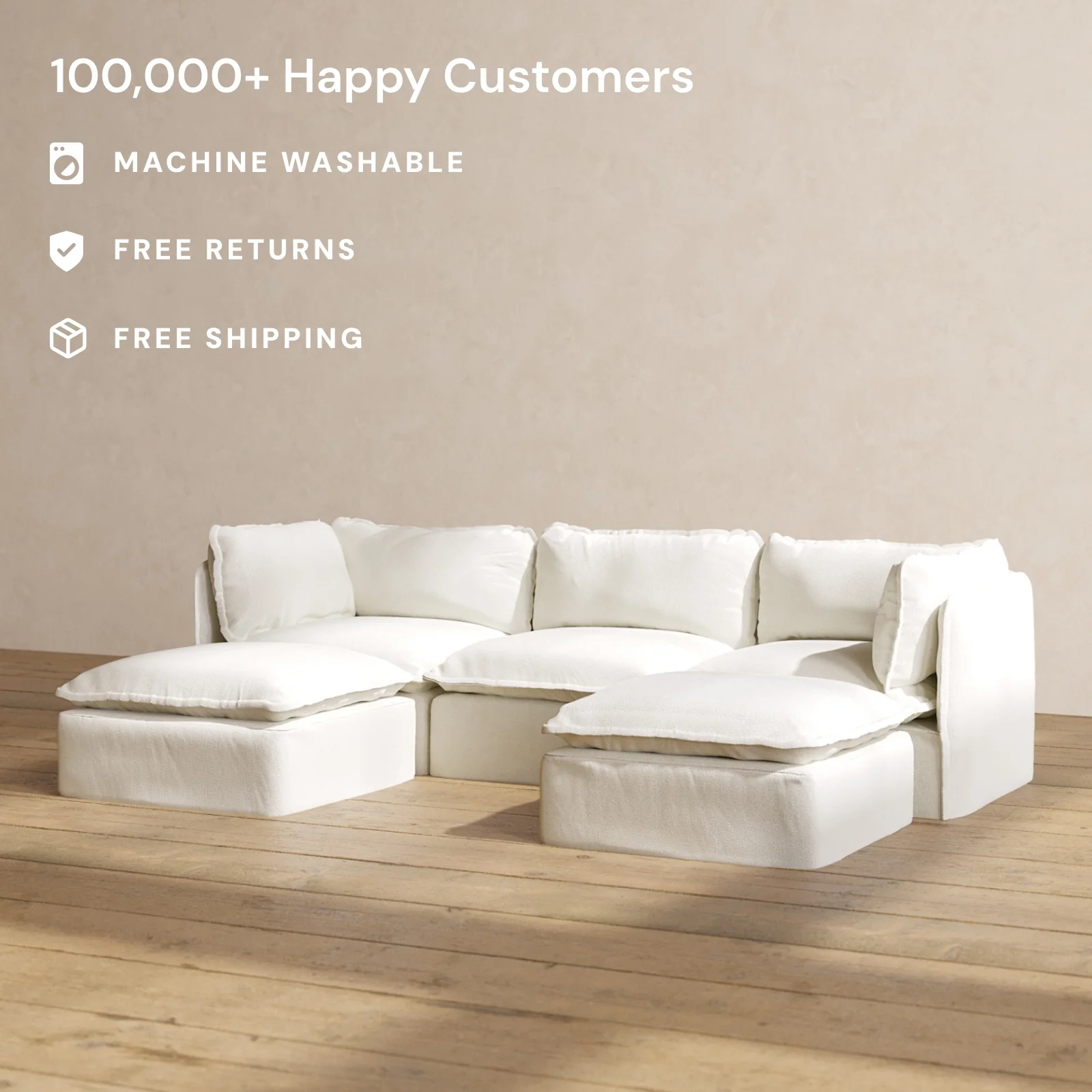 Modular Washable 3-Seater U-Sectional in Eggshell | Memorix+ Seat | Contour Pillow - Image 2
