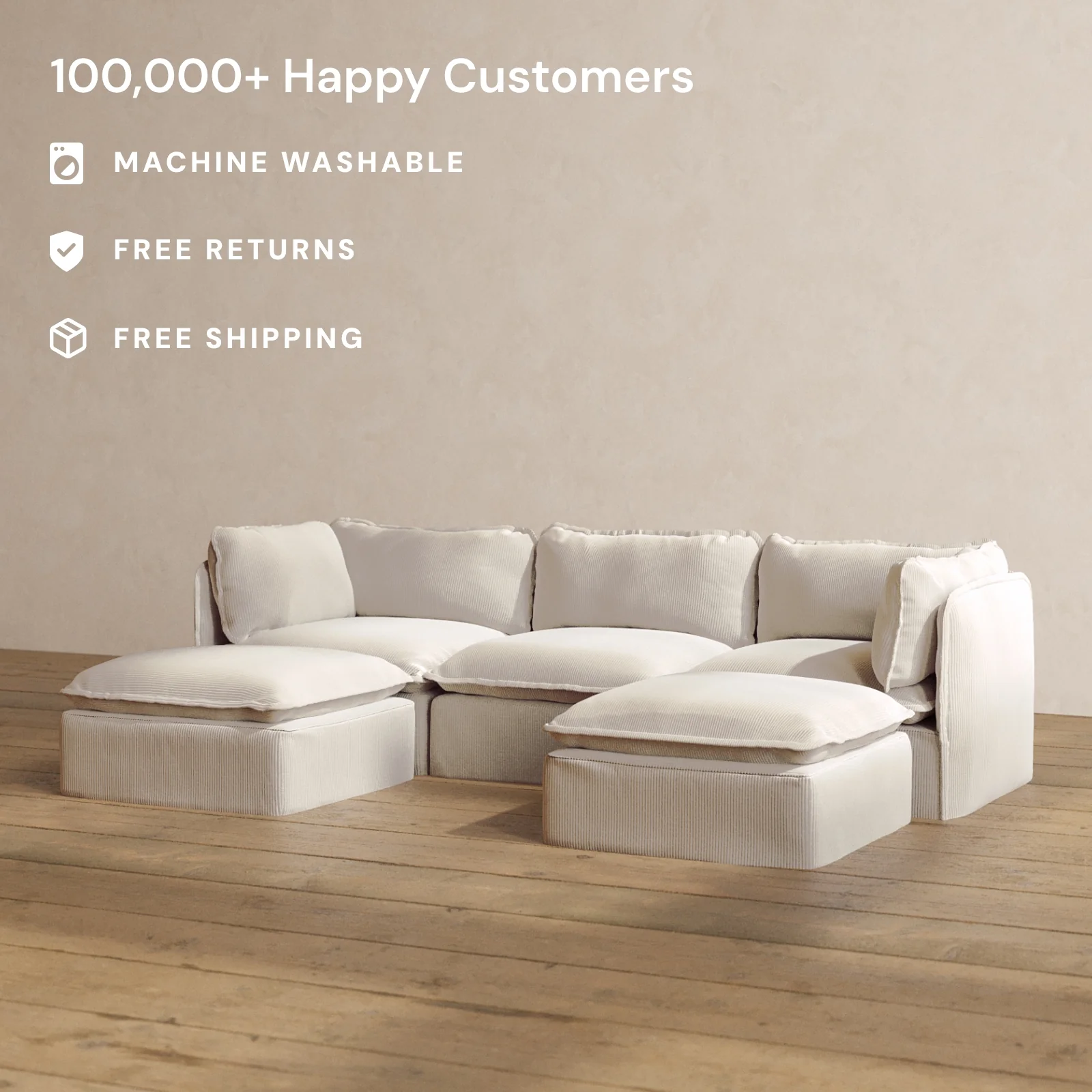 Modular Washable 3-Seater U-Sectional in Milk | Memorix+ Seat | Contour Pillow - Image 2