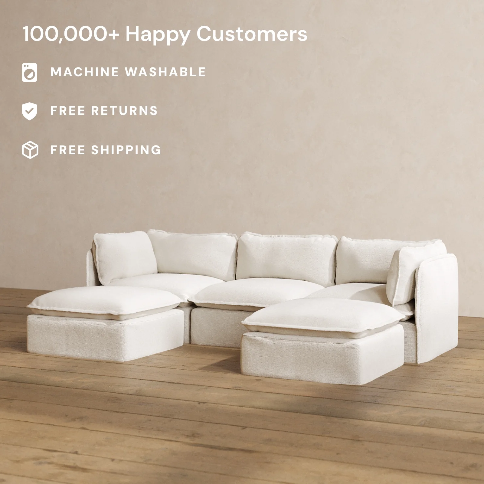 Modular Washable 3-Seater U-Sectional in Powder | Deluxe+ Seat | Cloud Pillow - Image 2