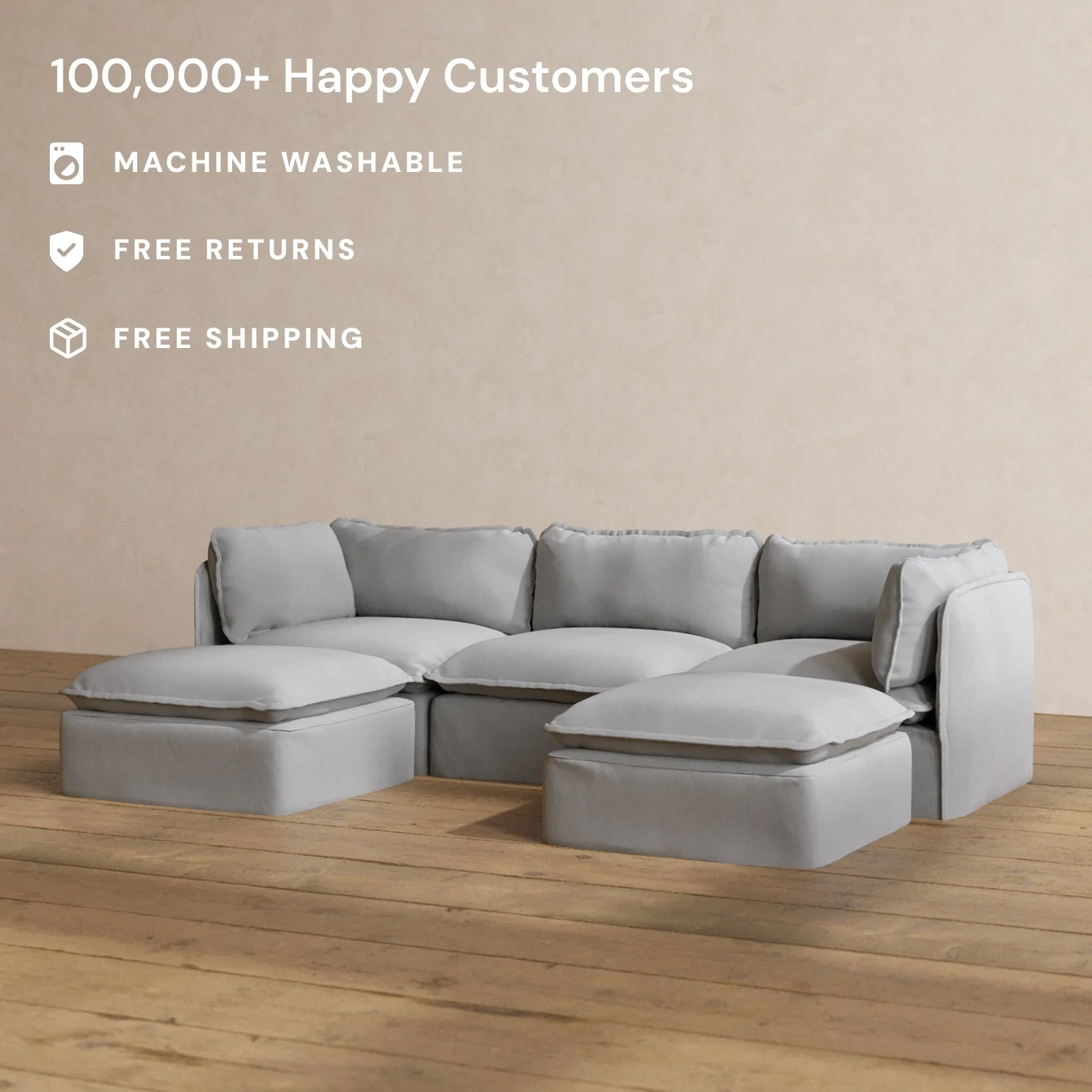 Modular Washable 3-Seater U-Sectional in Pumice | Deluxe+ Seat | Cloud Pillow - Image 2