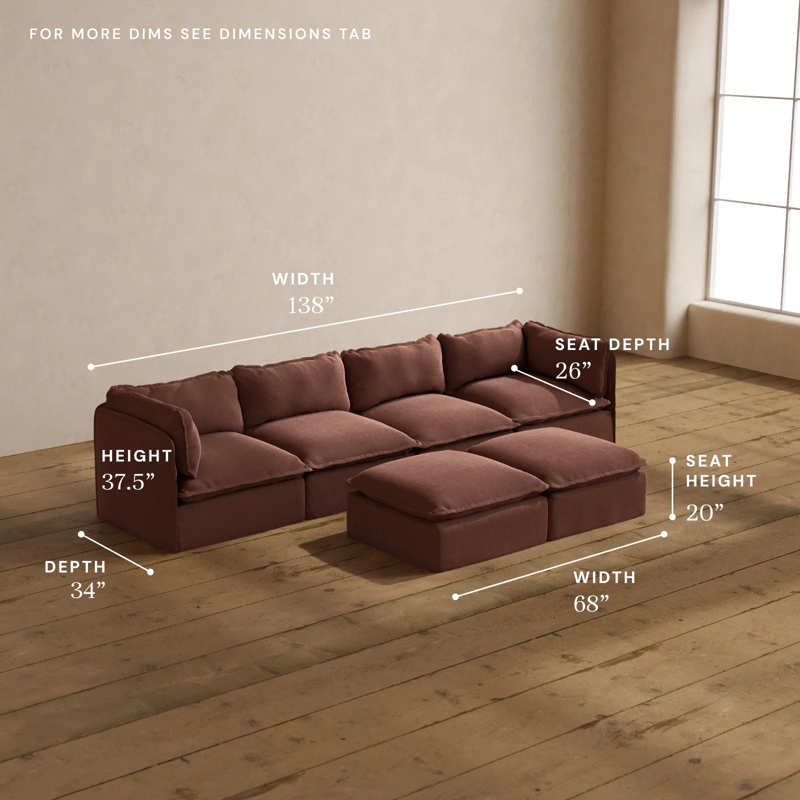 Modular Washable 4-Seater + Bench Ottoman in Chestnut | Deluxe+ Seat | Cloud Pillow - Image 5