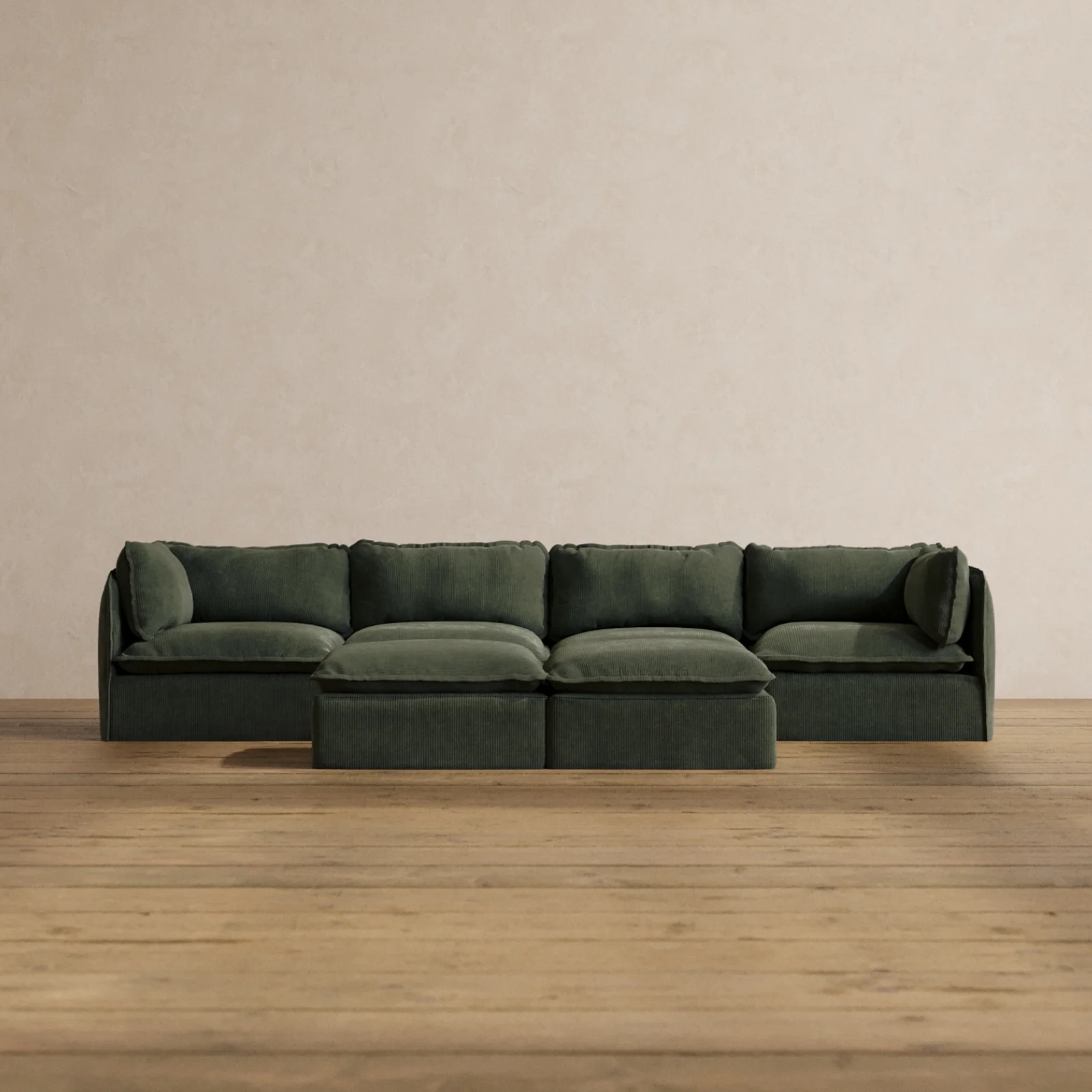 Modular Washable 4-Seater + Bench Ottoman in Olivine | Deluxe+ Seat | Cloud Pillow