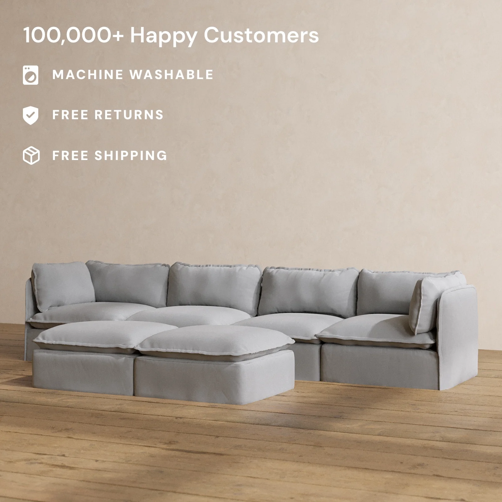Modular Washable 4-Seater + Bench Ottoman in Pumice | Memorix+ Seat | Contour Pillow - Image 2