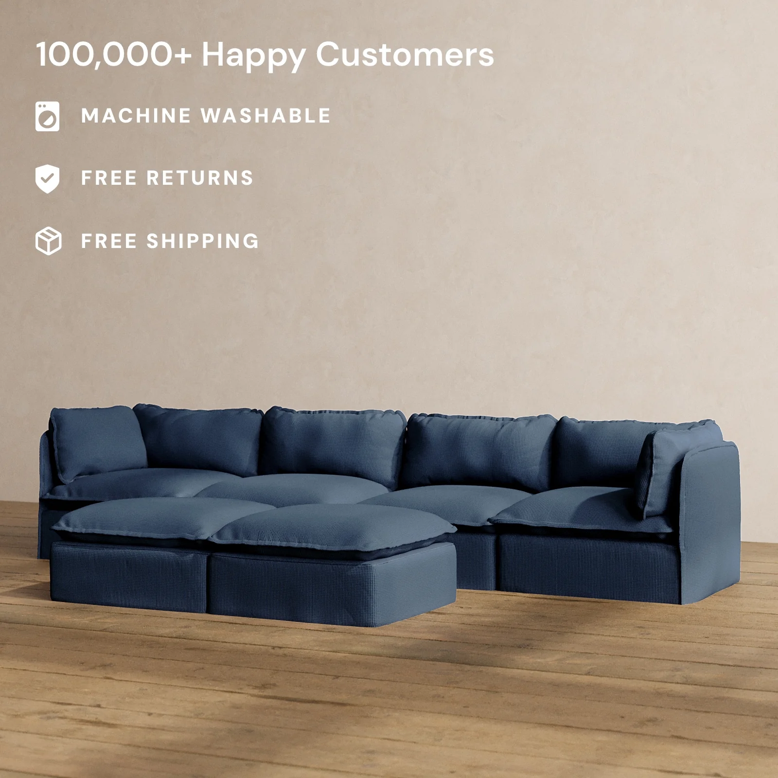 Modular Washable 4-Seater + Bench Ottoman in Sumi | Deluxe+ Seat | Cloud Pillow - Image 2