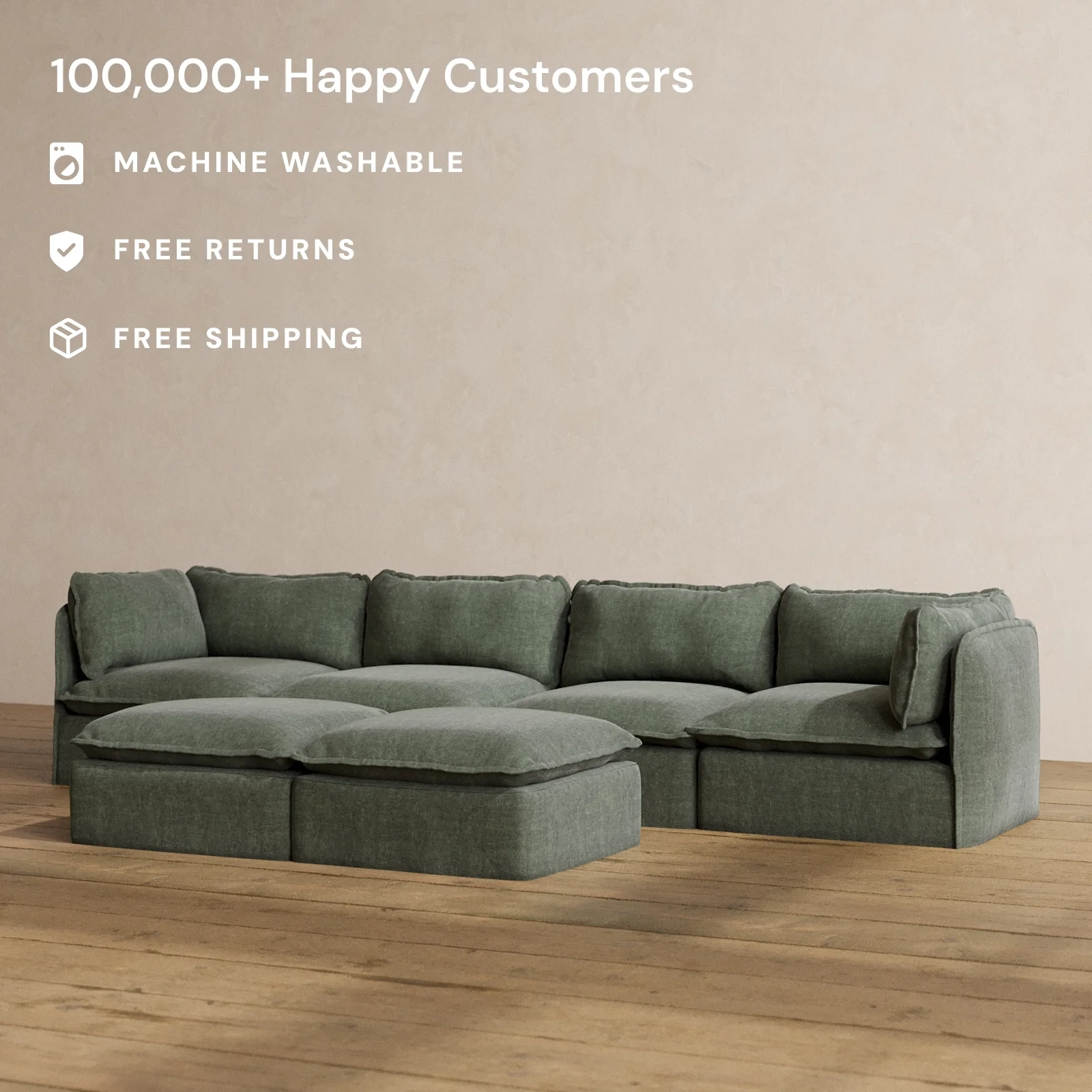 Modular Washable 4-Seater + Bench Ottoman in Willow | Deluxe+ Seat | Cloud Pillow - Image 2