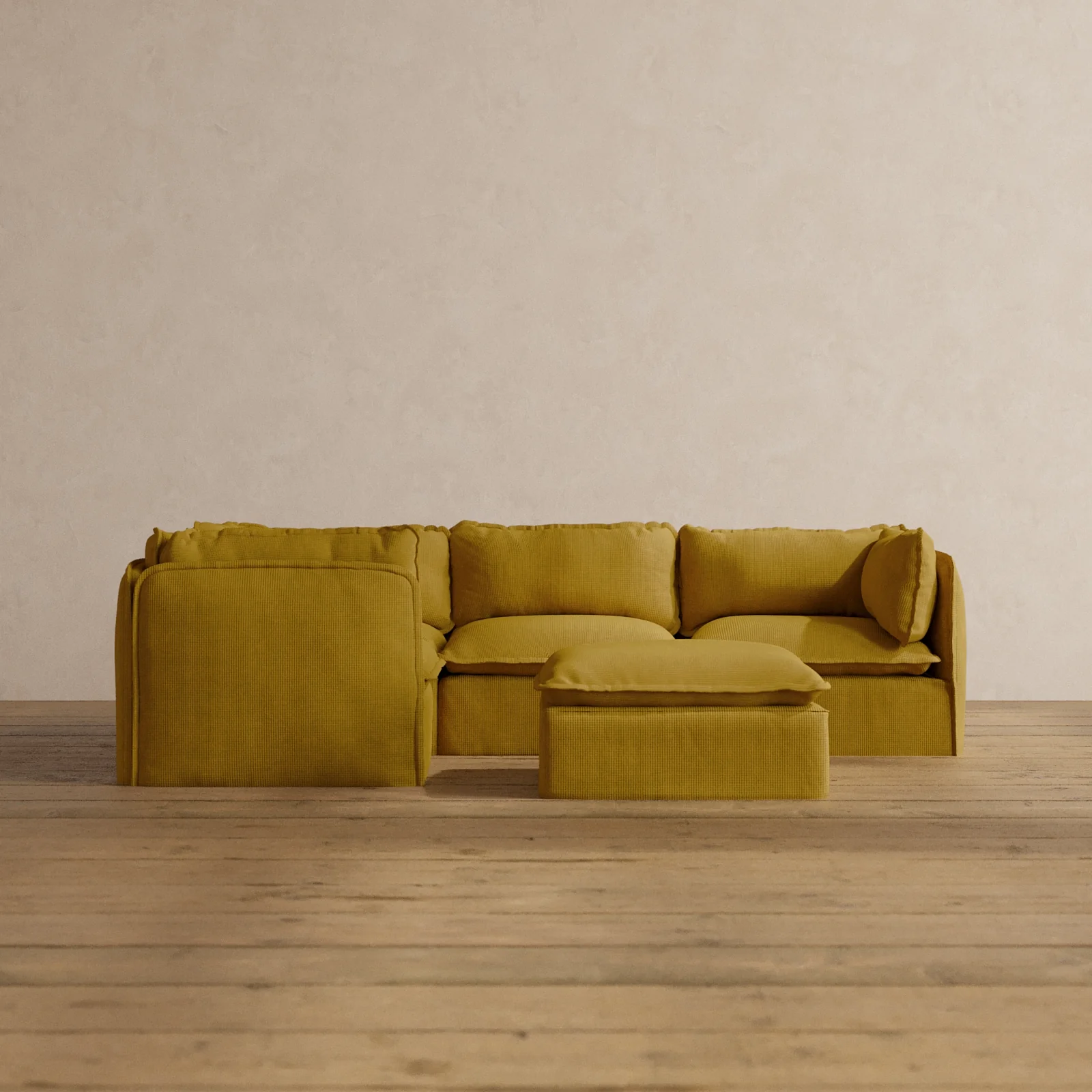 Modular Washable 4-Seater Corner Sectional + Ottoman in Kiiro | Deluxe+ Seat | Cloud Pillow