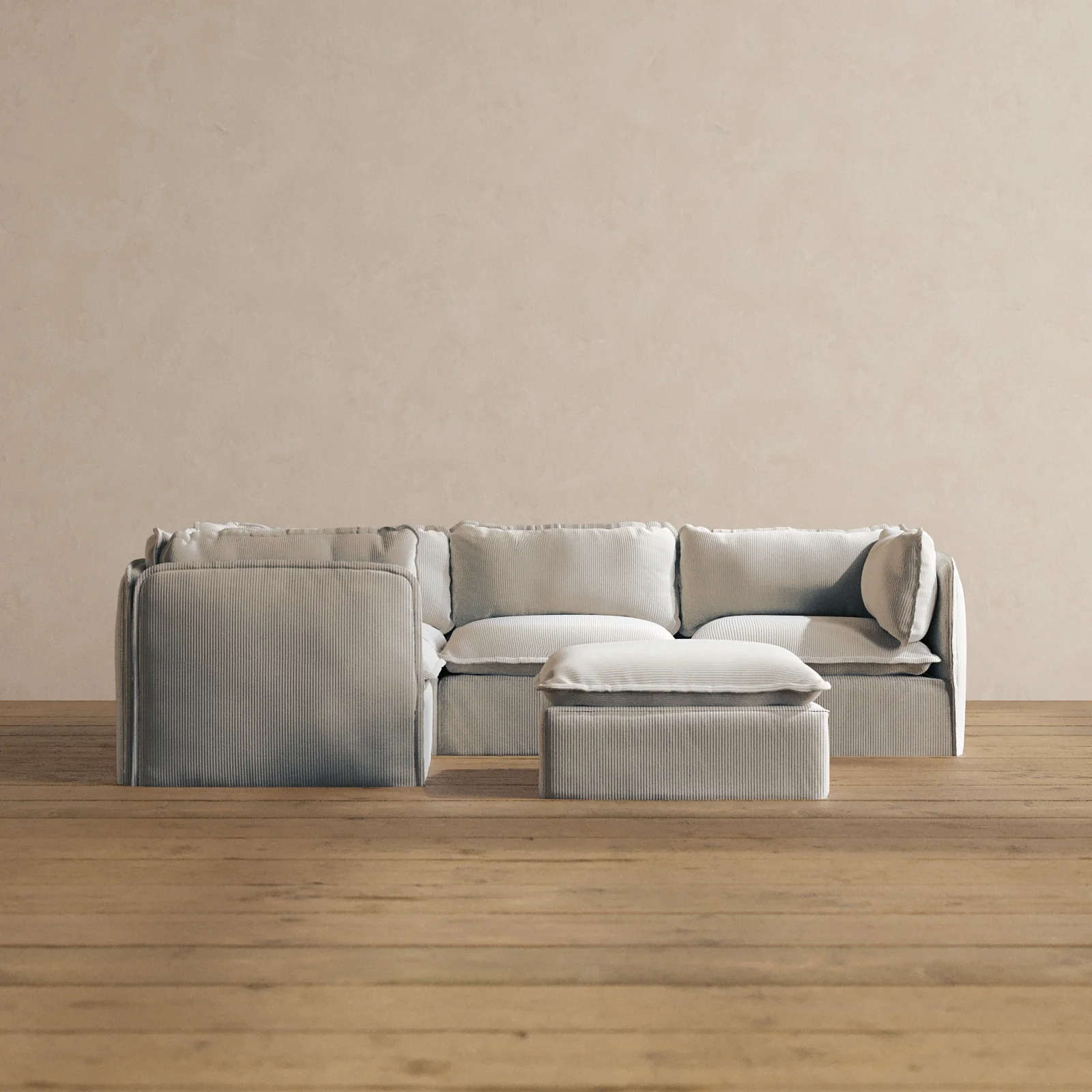 Modular Washable 4-Seater Corner Sectional + Ottoman in Milk | Deluxe+ Seat | Cloud Pillow