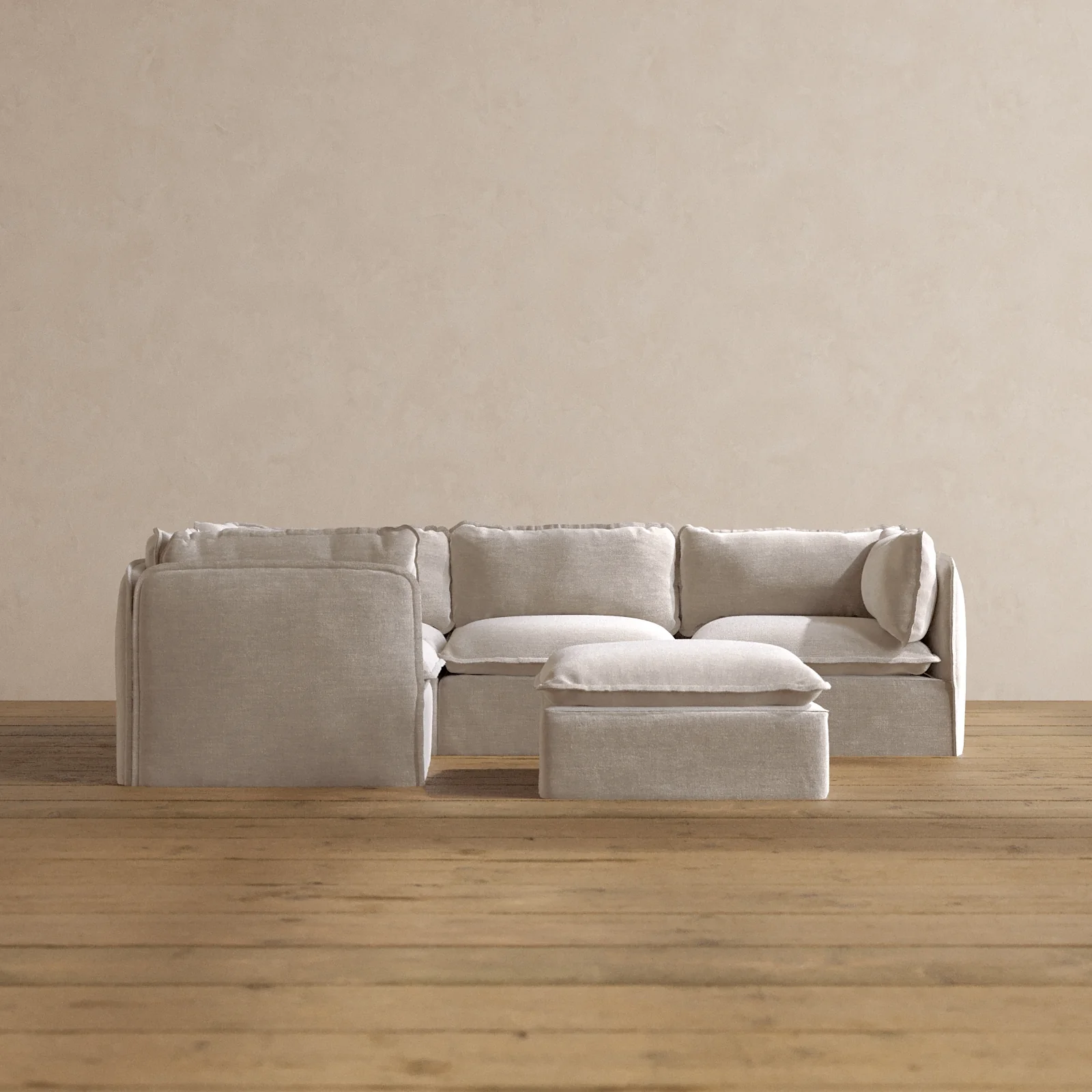 Modular Washable 4-Seater Corner Sectional + Ottoman in Mist | Deluxe+ Seat | Cloud Pillow