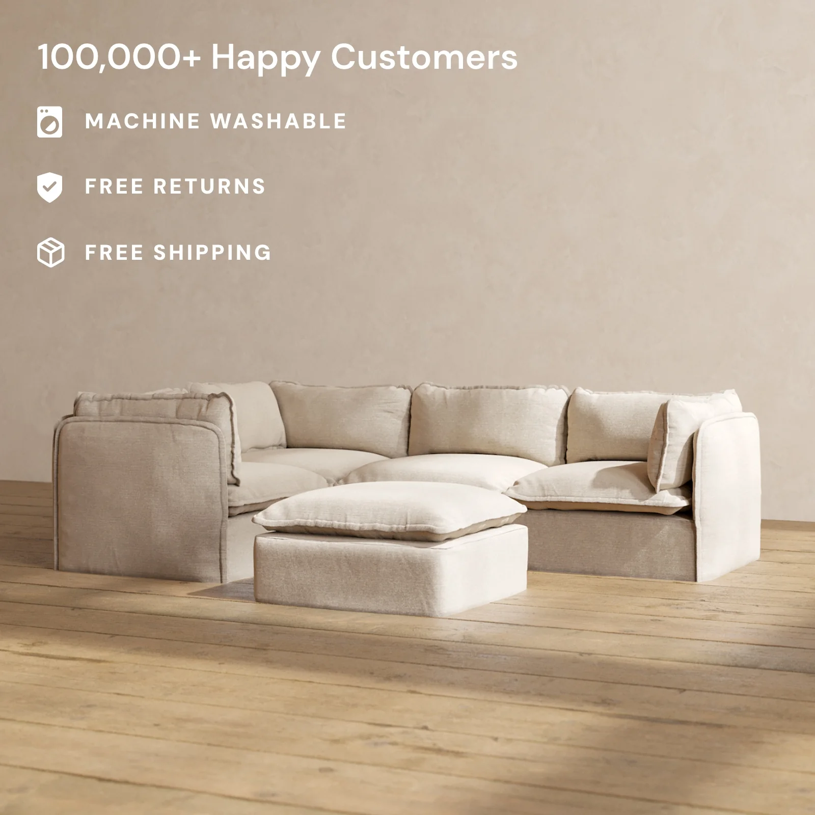 Modular Washable 4-Seater Corner Sectional + Ottoman in Oat | Memorix+ Seat | Contour Pillow - Image 2