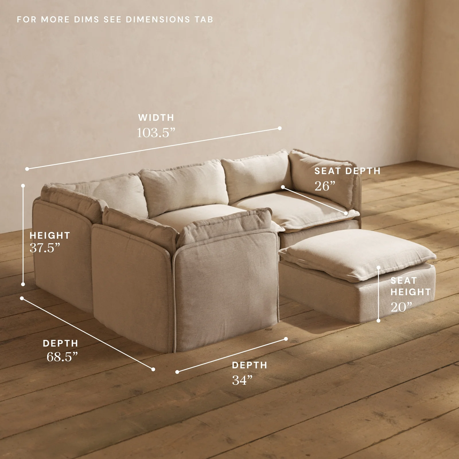 Modular Washable 4-Seater Corner Sectional + Ottoman in Oat | Memorix+ Seat | Contour Pillow - Image 5