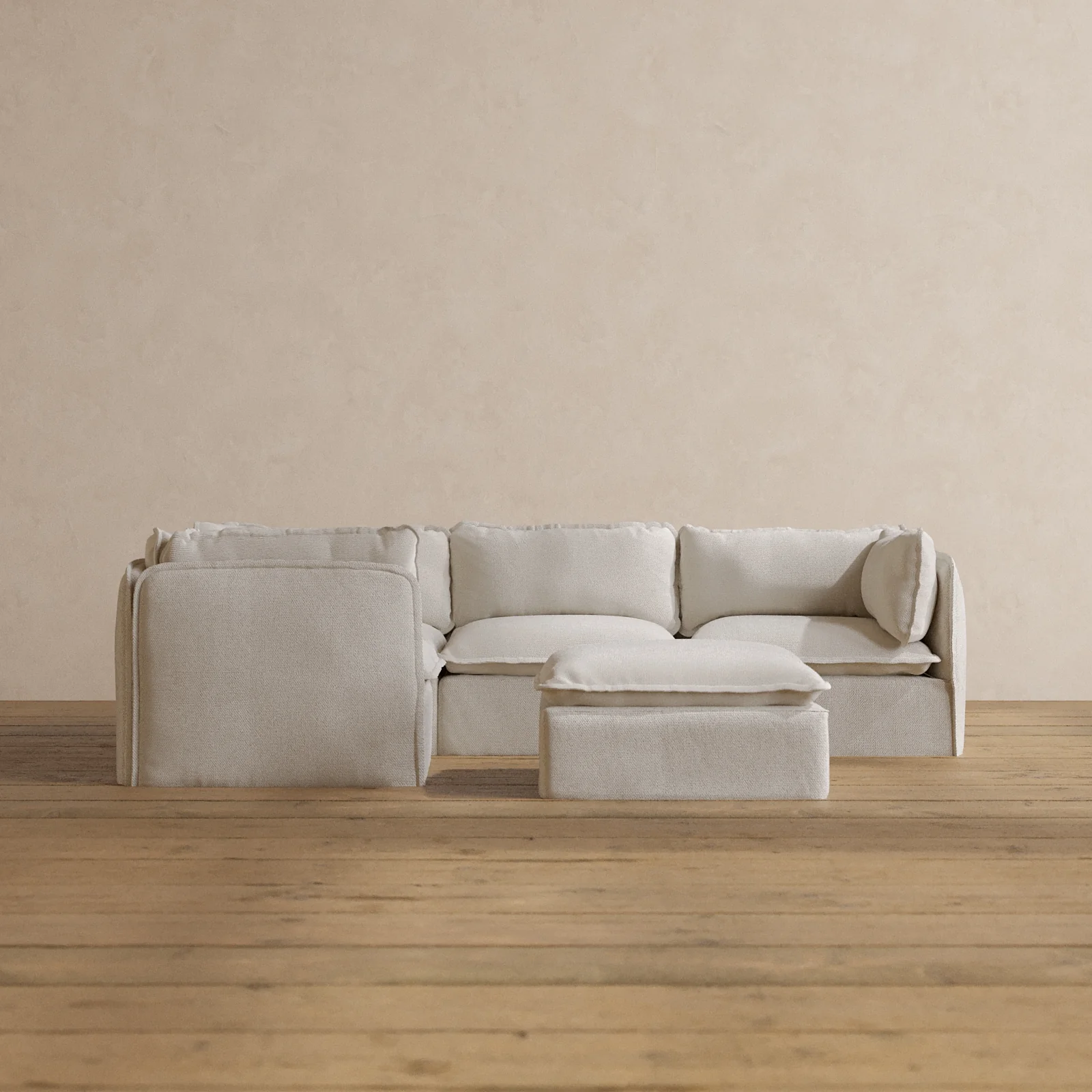 Modular Washable 4-Seater Corner Sectional + Ottoman in Powder | Deluxe+ Seat | Cloud Pillow