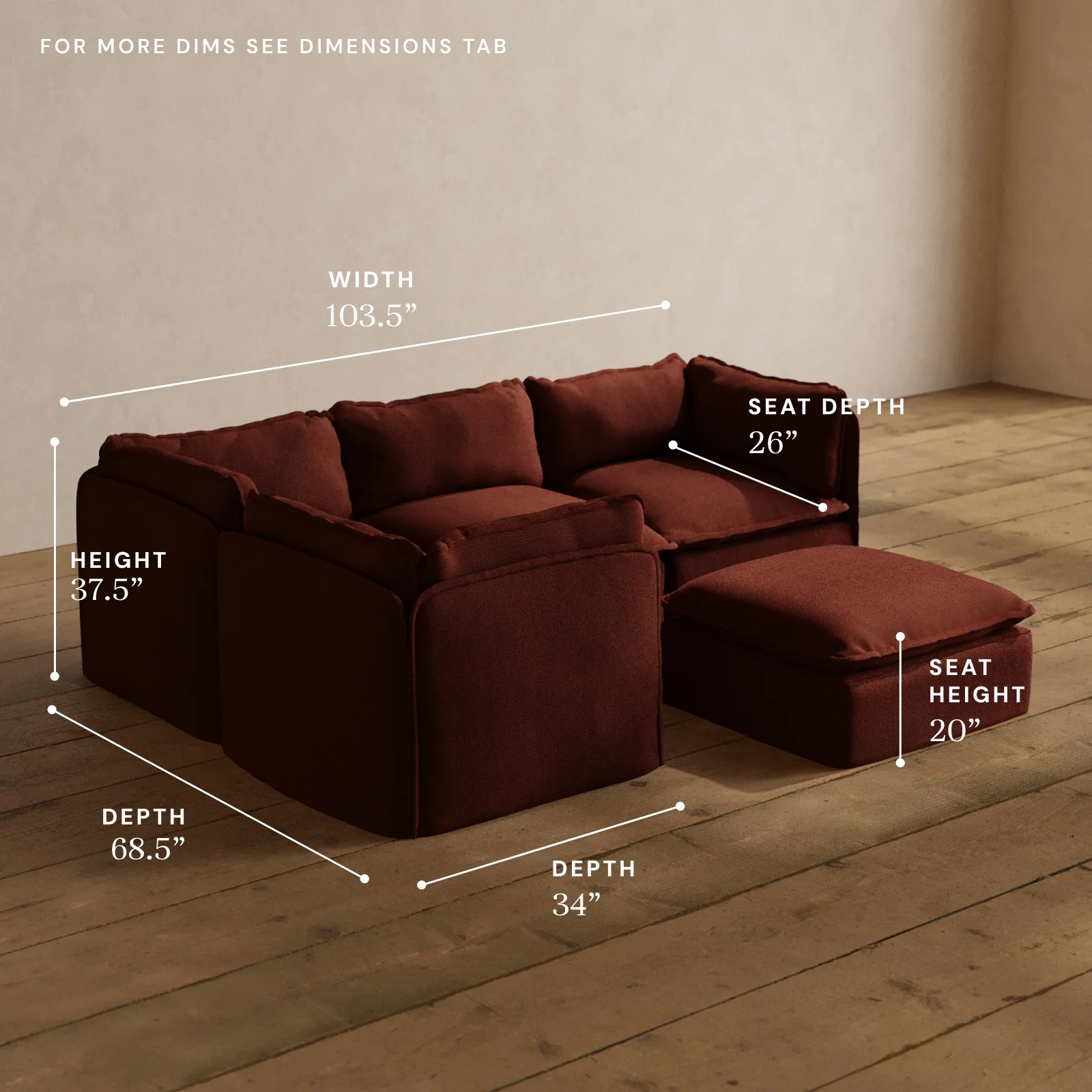 Modular Washable 4-Seater Corner Sectional + Ottoman in Rust | Memorix+ Seat | Contour Pillow - Image 5