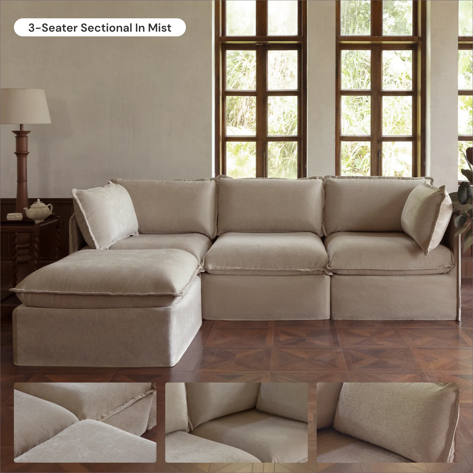 Modular Washable 4-Seater Sectional in Mist | Deluxe+ Seat | Cloud Pillow - Image 7