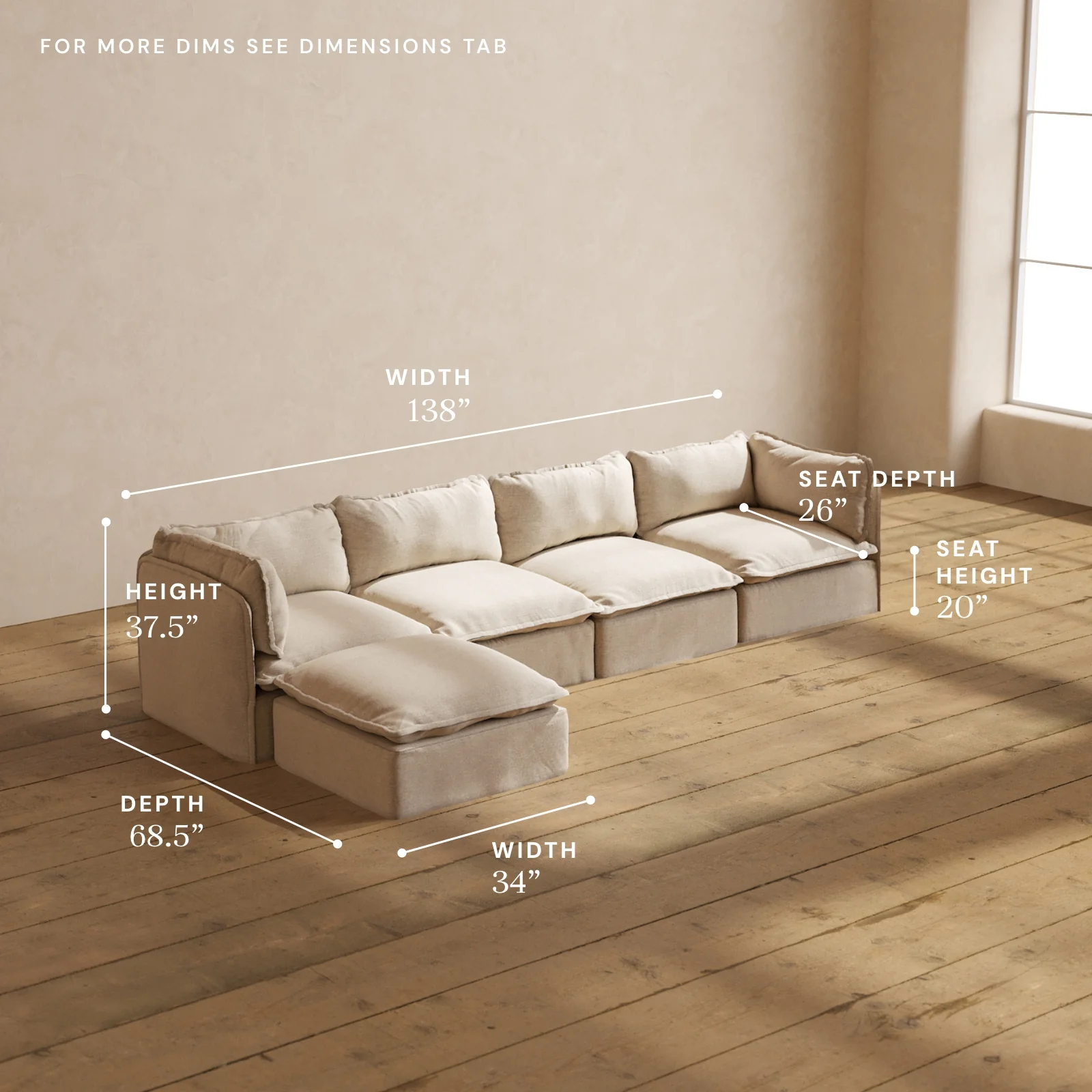 Modular Washable 4-Seater Sectional in Oat | Deluxe+ Seat | Cloud Pillow - Image 5
