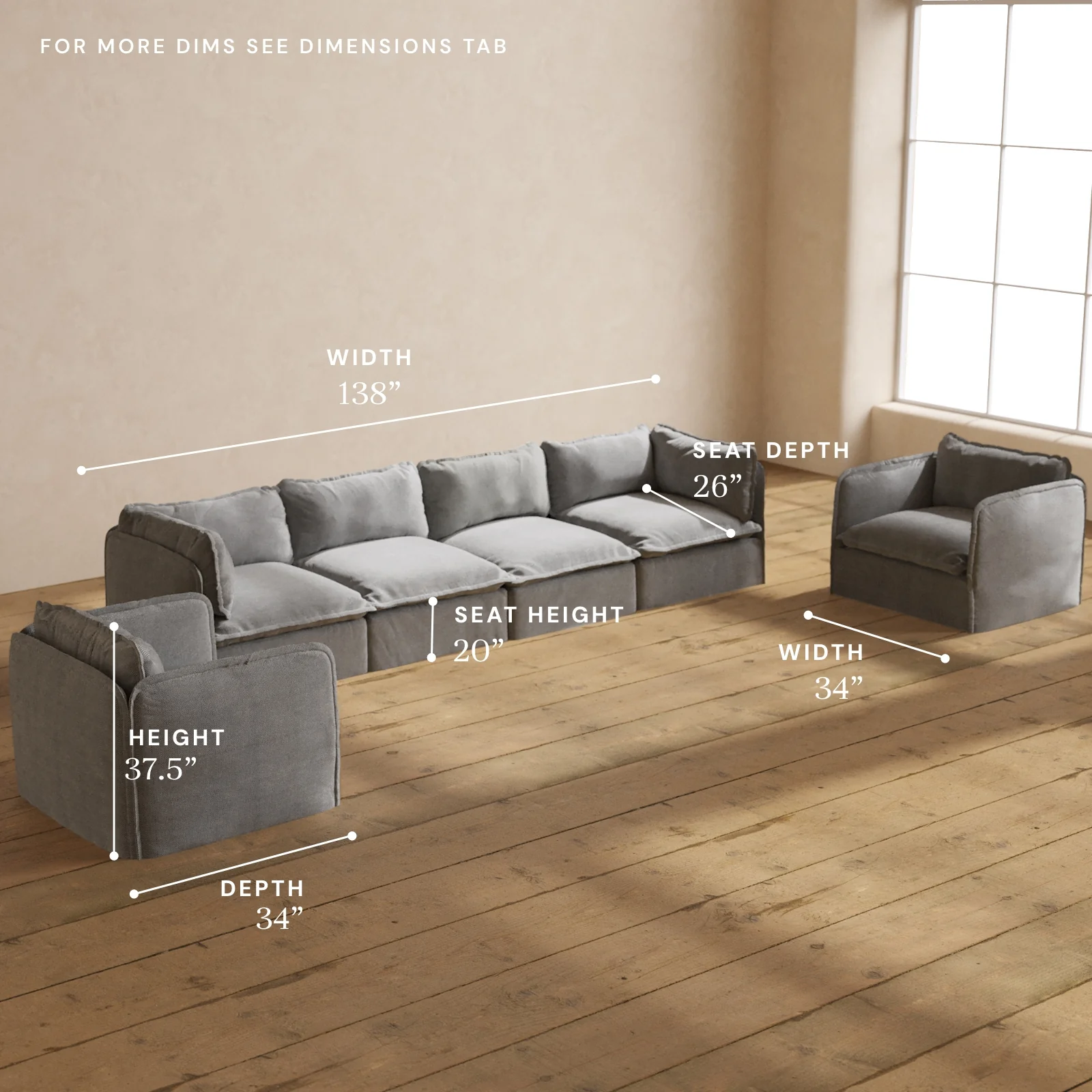 Modular Washable 4-Seater Sofa + Armchair Set in Ash | Deluxe+ Seat | Cloud Pillow - Image 5
