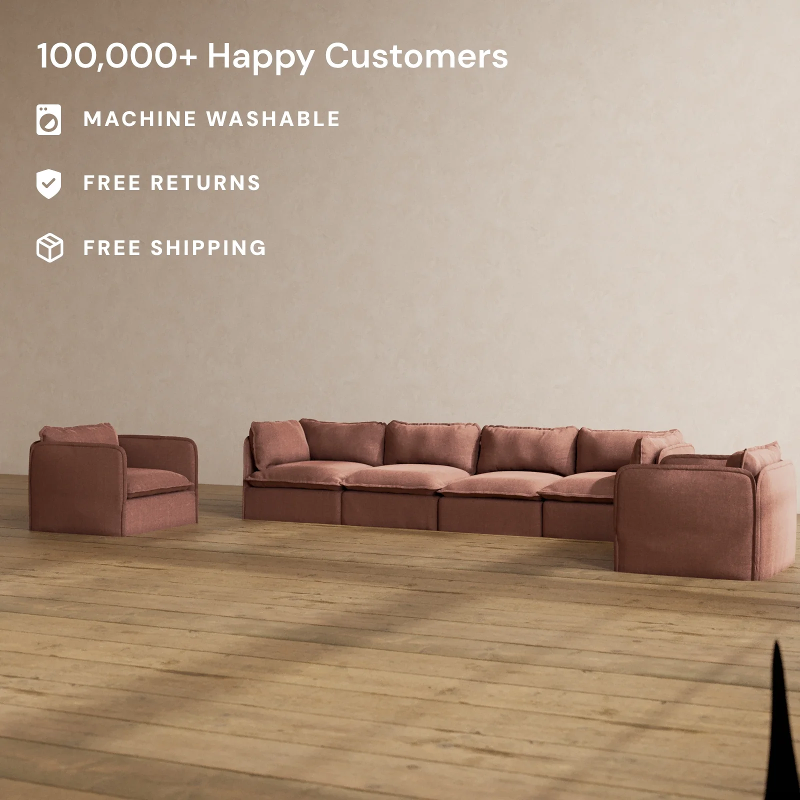 Modular Washable 4-Seater Sofa + Armchair Set in Chestnut | Deluxe+ Seat | Cloud Pillow - Image 2