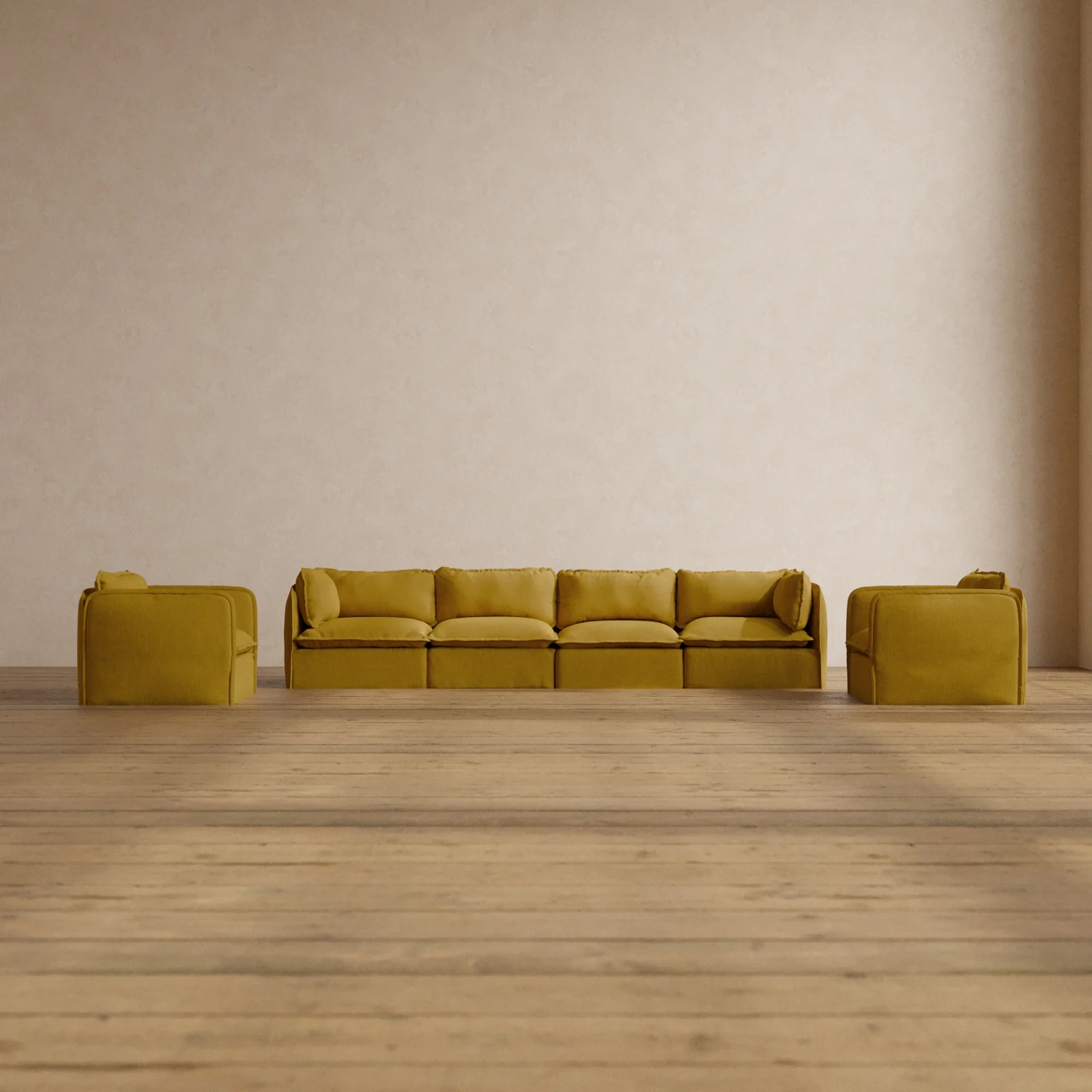 Modular Washable 4-Seater Sofa + Armchair Set in Kiiro | Deluxe+ Seat | Cloud Pillow