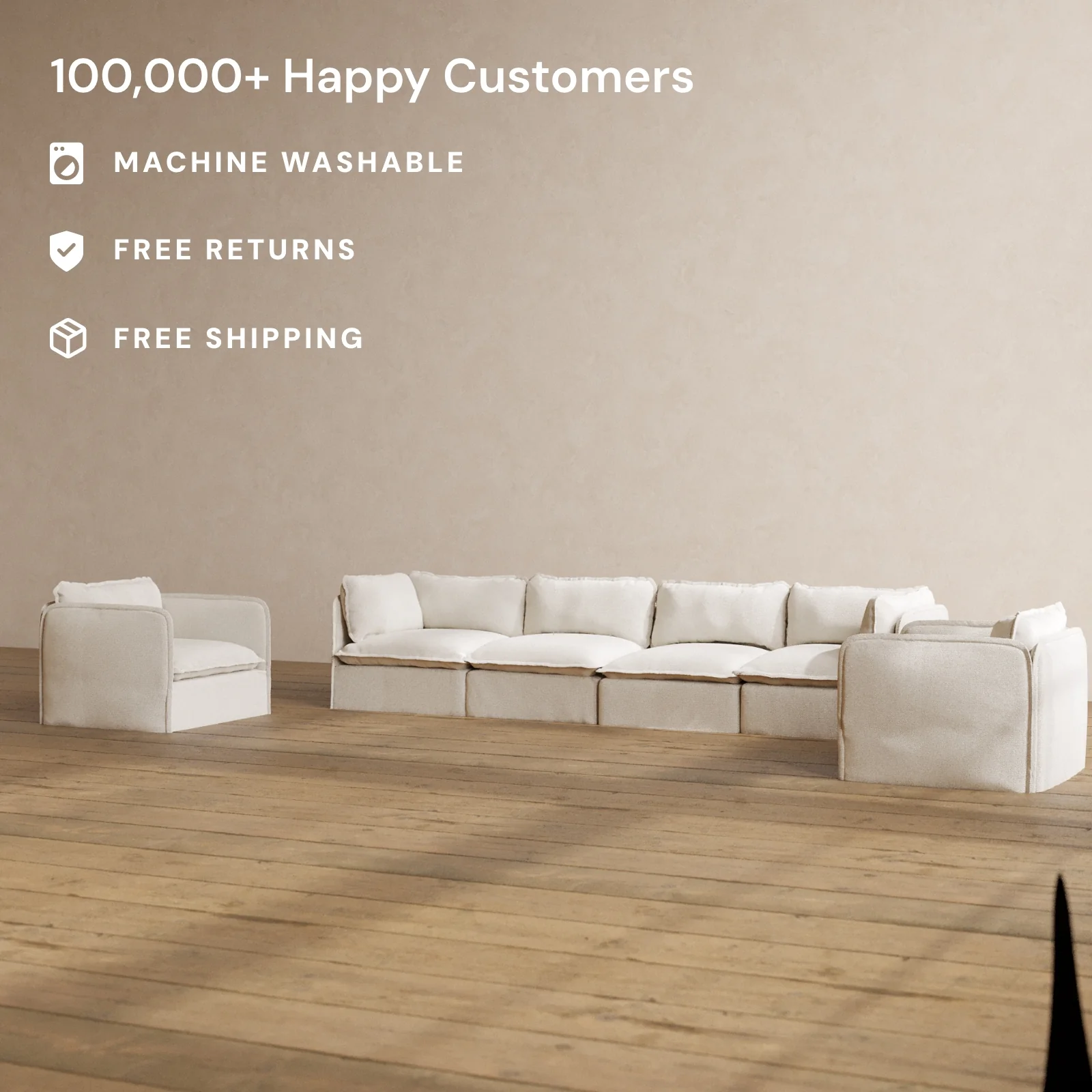 Modular Washable 4-Seater Sofa + Armchair Set in Powder | Memorix+ Seat | Contour Pillow - Image 2
