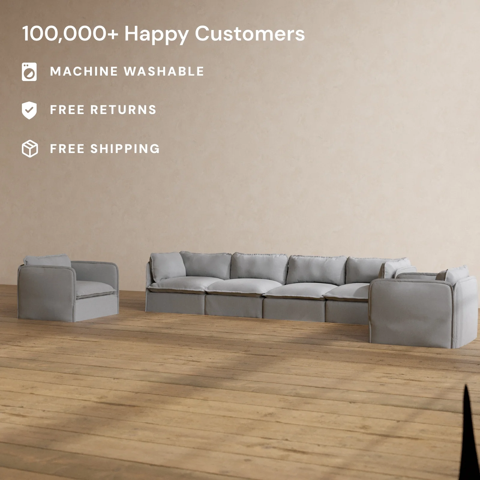 Modular Washable 4-Seater Sofa + Armchair Set in Pumice | Deluxe+ Seat | Cloud Pillow - Image 2