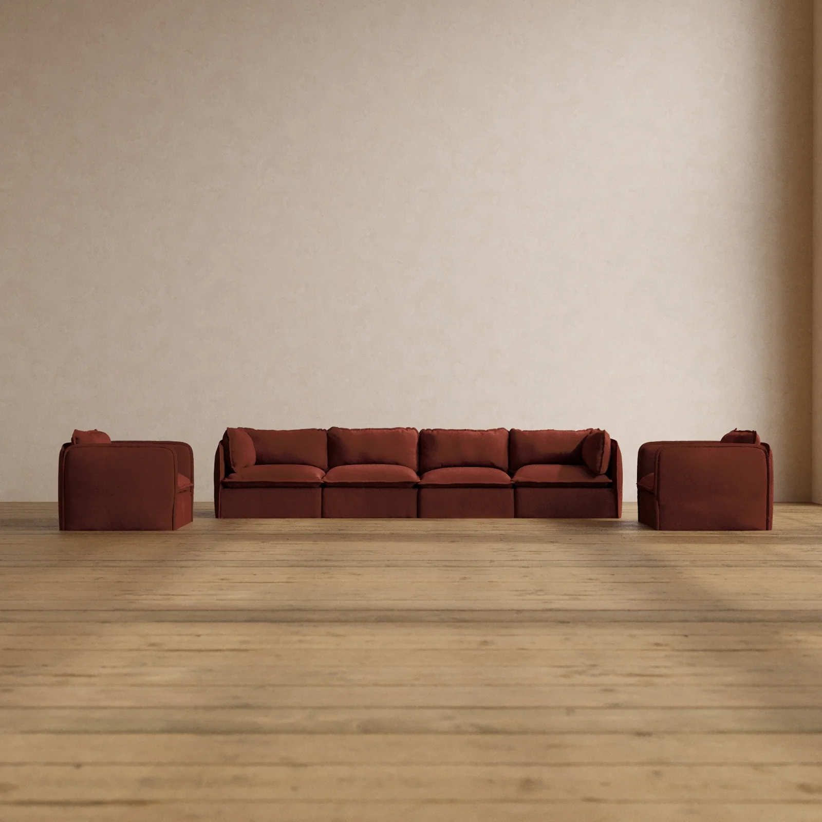 Modular Washable 4-Seater Sofa + Armchair Set in Rust | Deluxe+ Seat | Cloud Pillow