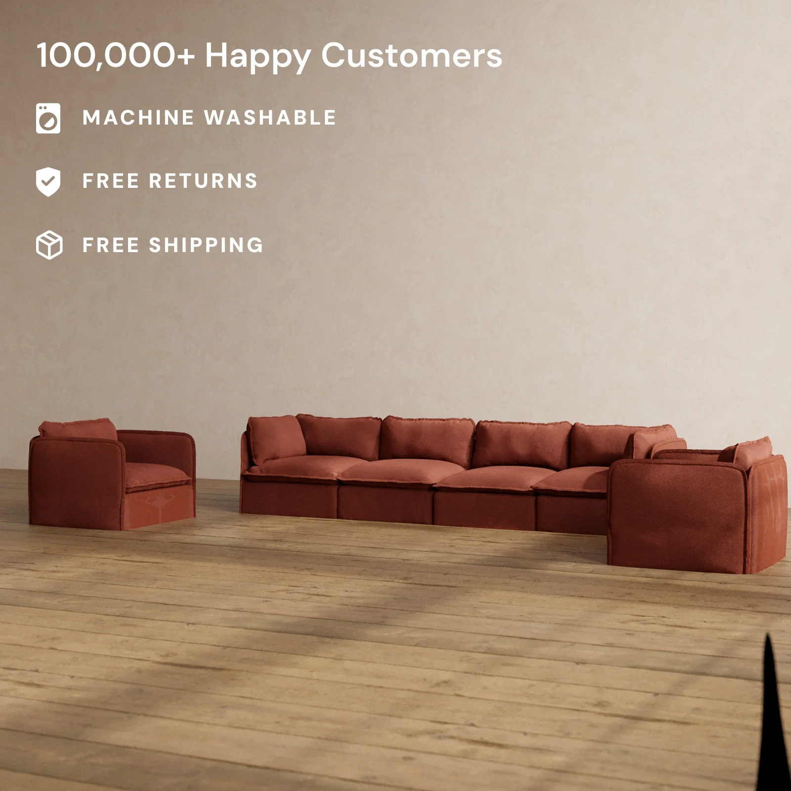 Modular Washable 4-Seater Sofa + Armchair Set in Rust | Memorix+ Seat | Contour Pillow - Image 2