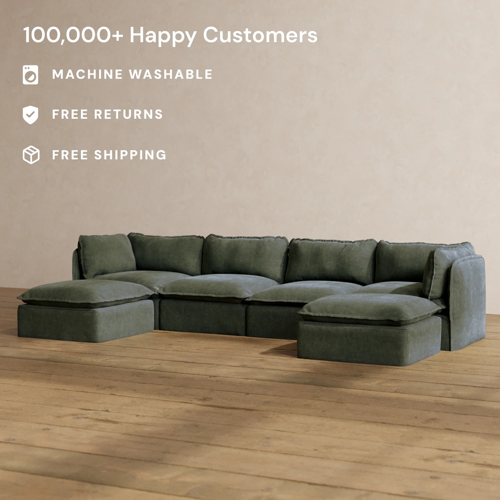 Modular Washable 4-Seater U-Sectional in Olivine | Deluxe+ Seat | Cloud Pillow - Image 2