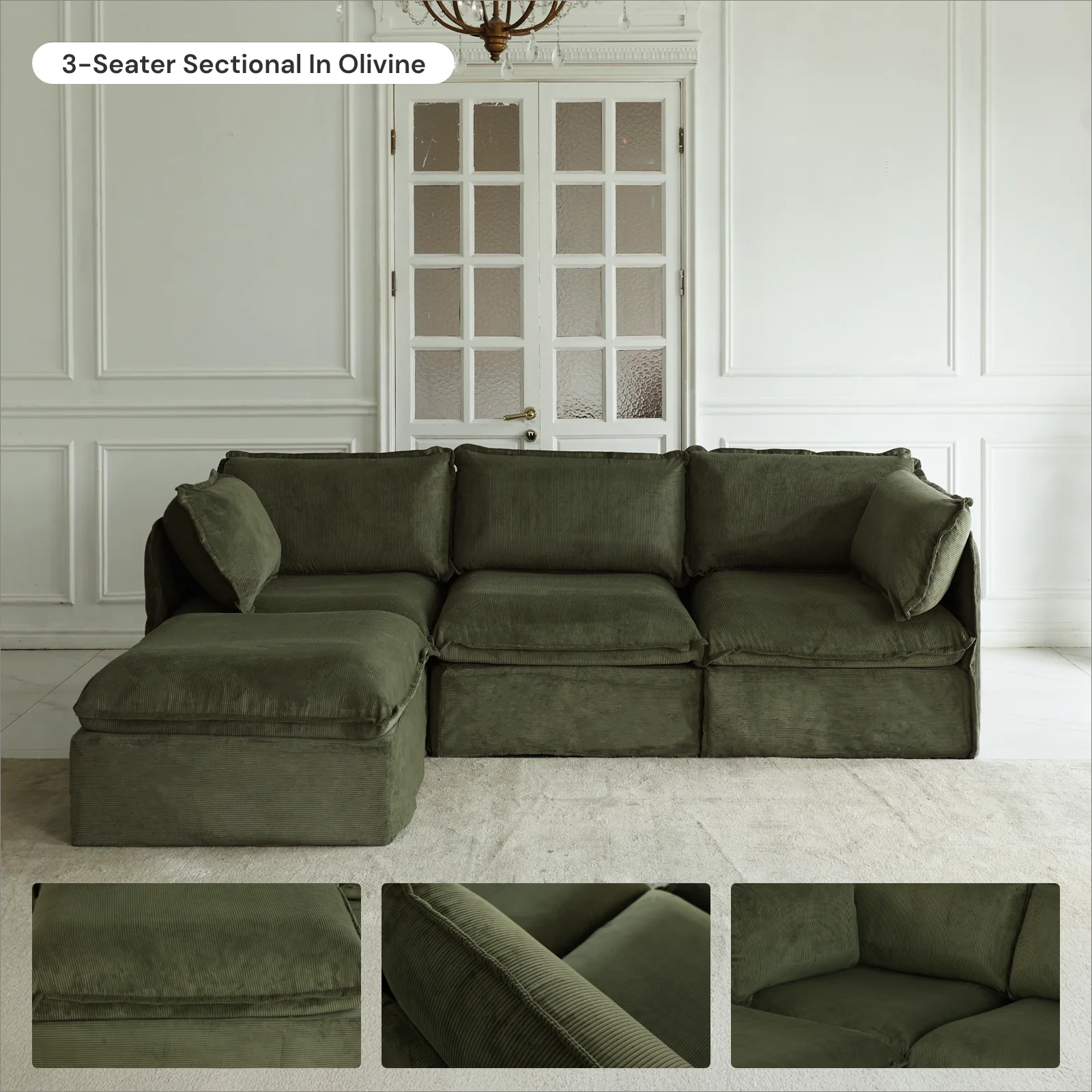 Modular Washable 4-Seater U-Sectional in Olivine | Deluxe+ Seat | Cloud Pillow - Image 7